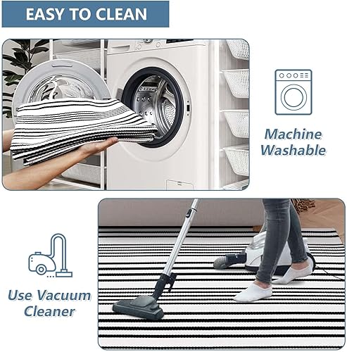 Miniatura 3 de OJIA - Tapetes tejidos de algodón para interiores, exteriores, entrada, porche, casa de campo y cocina, tapete a rayas blanco y negro lavable,