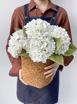 JINWOE 4PCS White Faux Hydrangea Flowers, 21" Vintage Real Touch Latex Silk Hydrangea Artificial Flowers, Fake Flowers for Bouquet Tables Cake Party Outdoor Home Wedding Centerpieces
