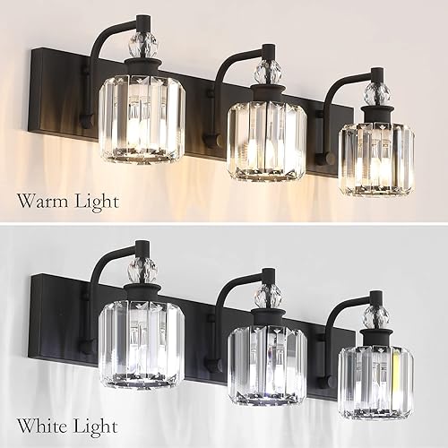 Miniatura 3 de Ralbay Luces de baño de cristal negro con 3 luces de cristal para tocador de baño, lámparas sobre espejo, modernas luces de pared de baño negro mate