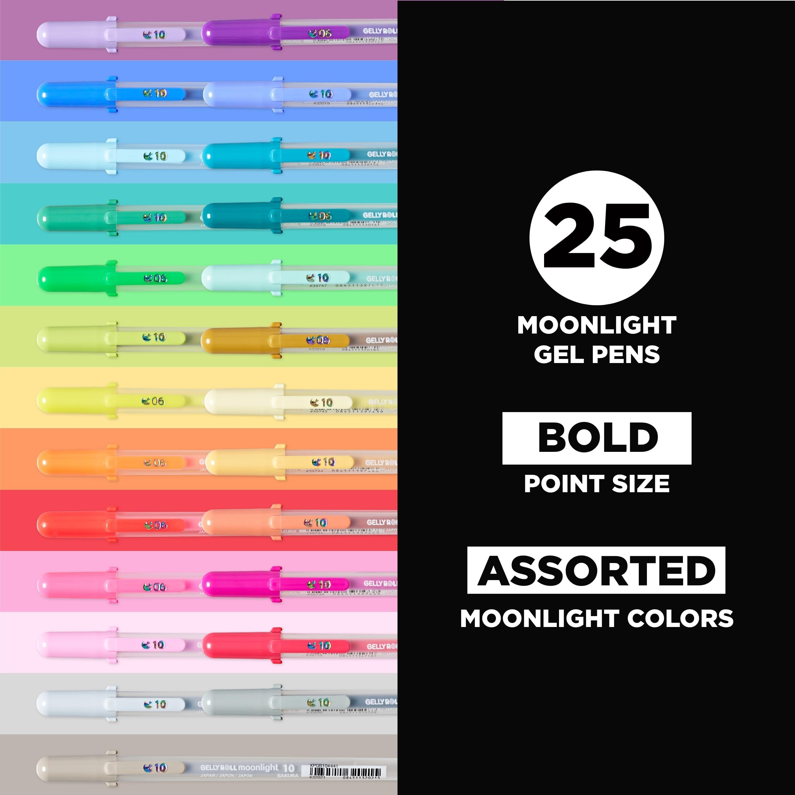 SAKURA Gelly Roll Moonlight Gelstifte, Größe 10, sortiert, 25 Stück | 25 lebendige Farben, kräftige Tinte, Stifte für Journaling, Kunst, Kalligraphie und Zeichnen, deckend, cremig glatt