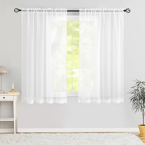 2 paneles de cortinas semitransparentes de gasa blanca de 45 pulgadas de largo, con bolsillo para cortinero, tratamiento de ventana para sala de