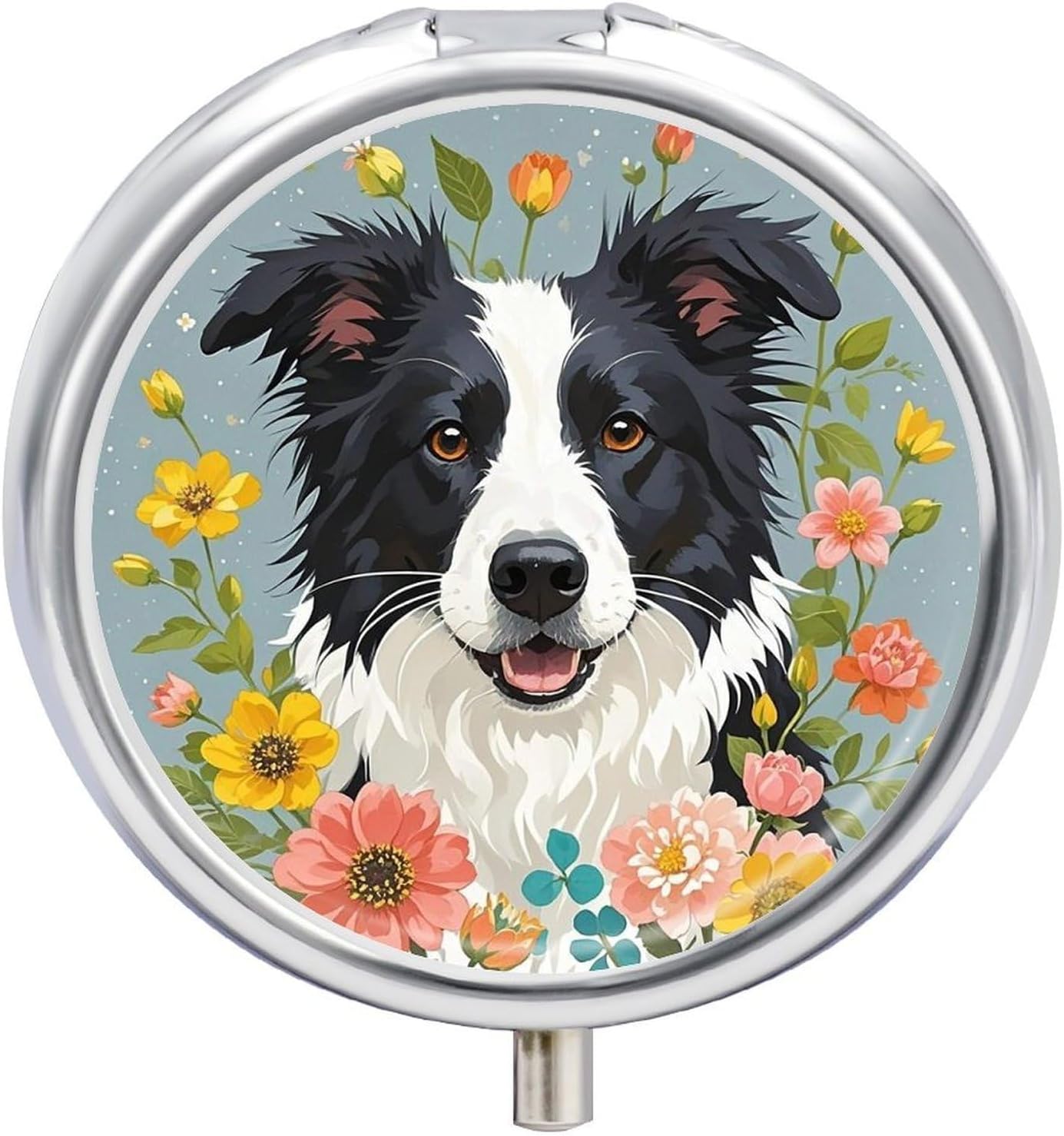 Border Collie Florals Round Pill Box, Waterproof Medicine Organizer Box