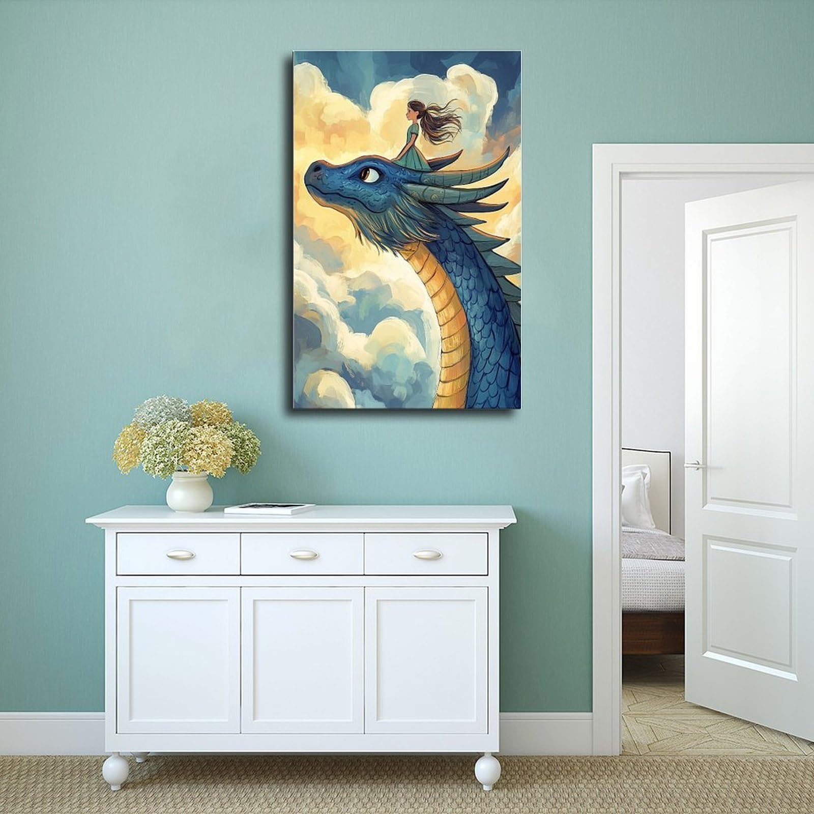 Poster su tela, motivo: ragazza che cavalca un drago, decorazione per