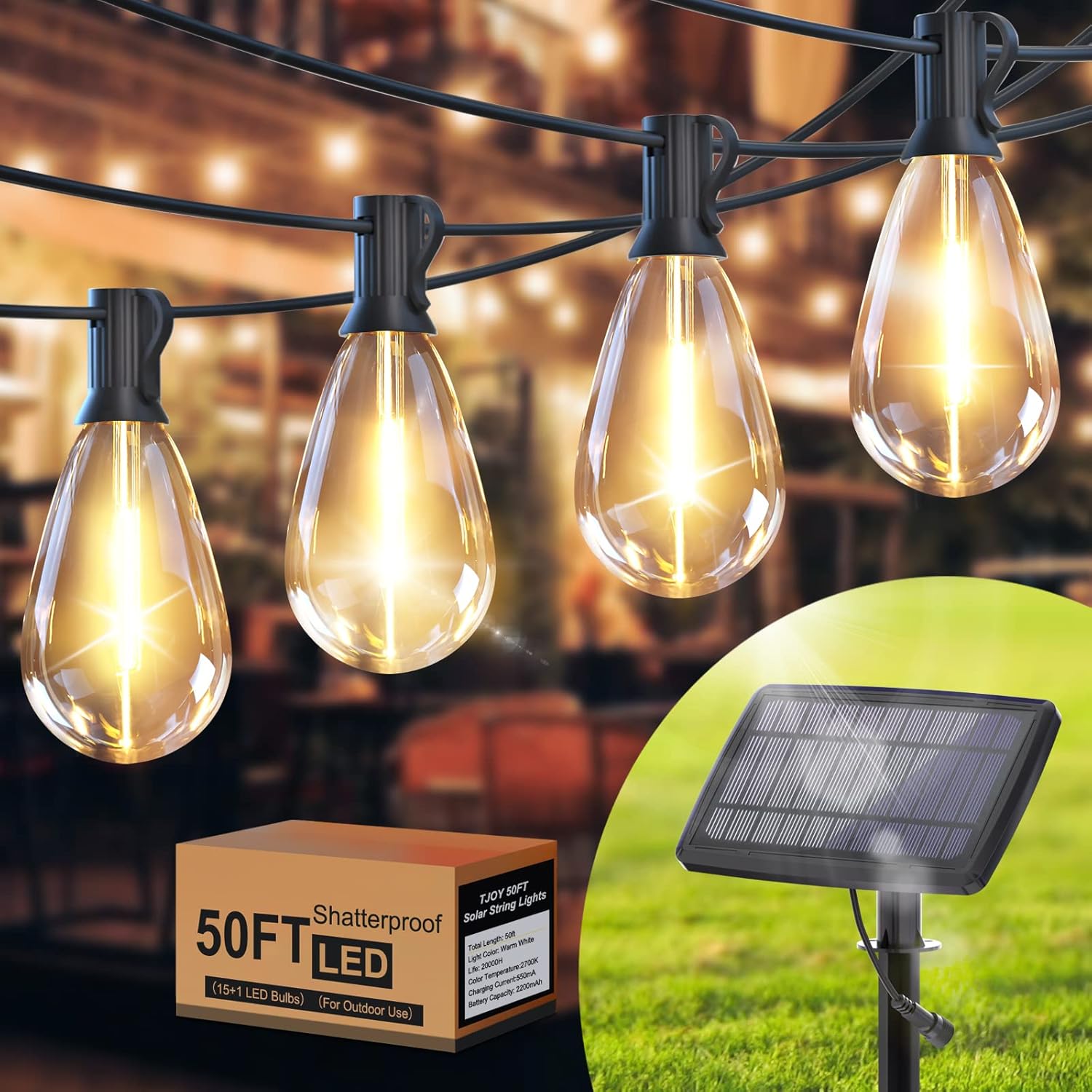 TJOY Solar String Lights Outdoor Patio Lights, 50ft Solar Powered Waterproof String Lights, 2700K Warm White Hanging Lights with 12pcs Shatterproof S14 E12 Bulbs for Patio, Backyard, Porch, Outdoors