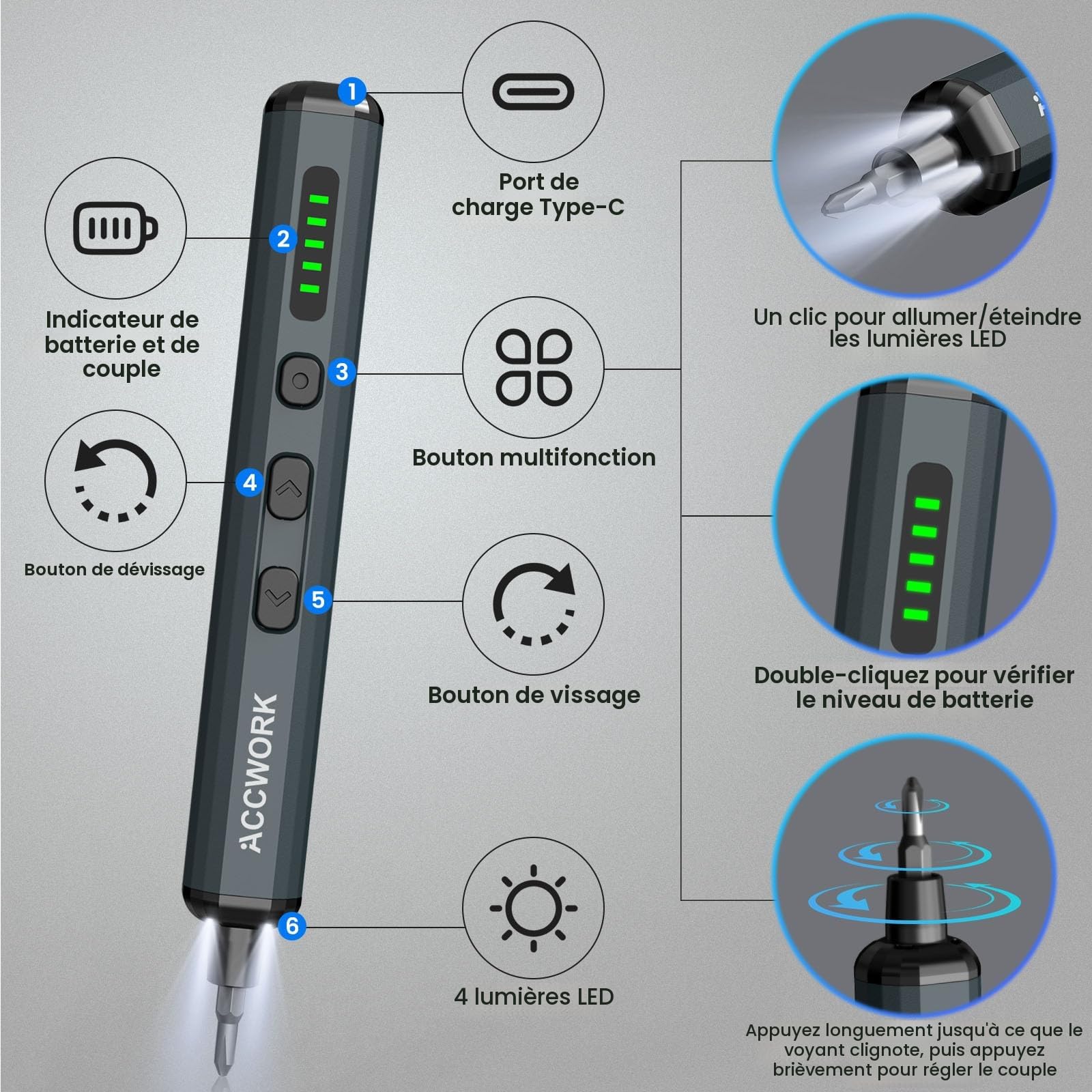 Accwork Tournevis électrique de précision 68 en 1 - Avec 64 embouts magnétiques S2-5 vitesses - Écran LED magnétique - Pour ordinateur portable, lunettes, montres