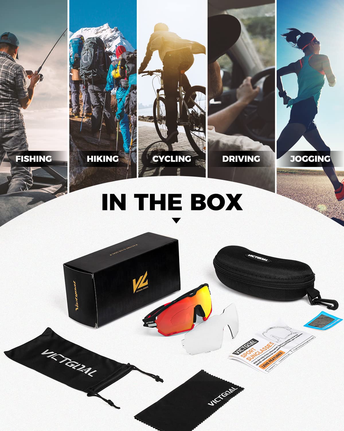 Victgoal Fahrradbrille Herren Damen UV400 Schutz Sonnenbrille, mit 2 Wechselgläser Polarisierte & Photochrome Selbsttönend, Schutzbrille Sportbrille für Outdoorsports wie Radfahren Laufen Angeln
