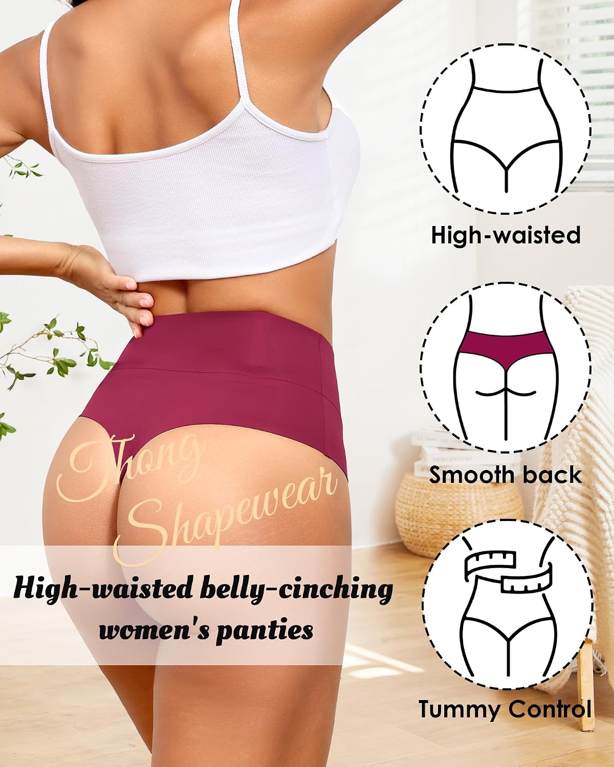 LEVAO 4-Pack Women Tummy Control Thong Brazilian Underwear High Waist Seamless No Roll Up Gentle Shaping Panties for Everyday