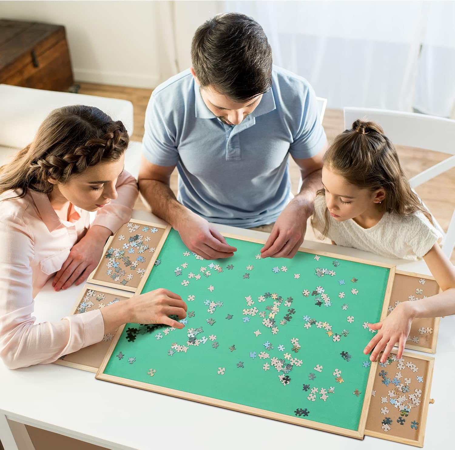 1500 Pieces Wooden Jigsaw Puzzle Board with 4 Drawers for Storing Puzzles, 26” x 35” Large Portable Jigsaw Puzzle Table with Puzzle Cover, Non-Slip Plateau Work Surface for Adults