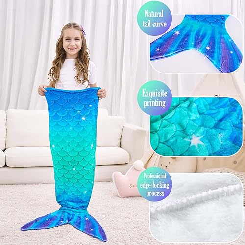 Miniatura 3 de Wernnsai Manta de cola de sirena, mantas para niños y adolescentes, saco de dormir de franela suave con escamas de sirena y manta para acurrucarse