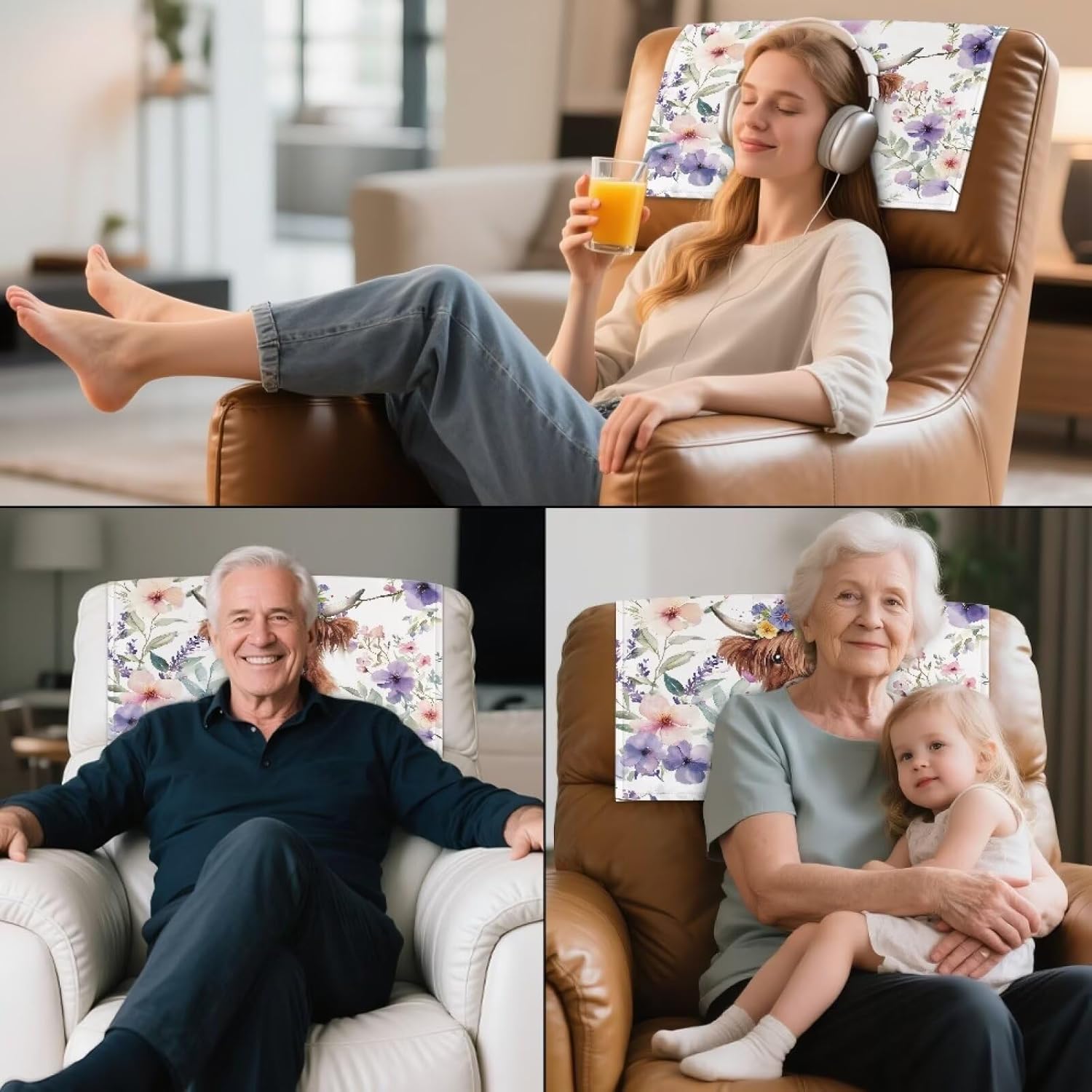 Wanyint Recliner Headrest Protector PU Leather Scratch Resistant Chair Headrest Cover Washable Furniture Protector with Hook and Loop Fasteners, 17x27 Inch, Highland Cow Floral Violet, Set of 3