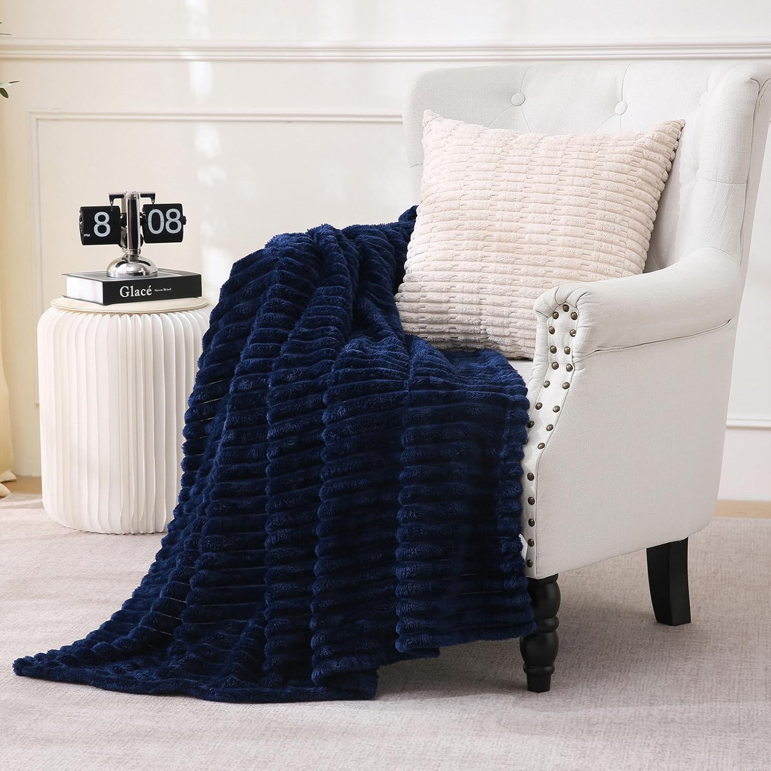 Navy Blue Fleece Throw Blanket 50”×60” for Couch Sofa Bed,Super Soft Cozy Plush Microfiber Flannel Blanket with Stripes Design Lightweight for Adults,Woman,Girls