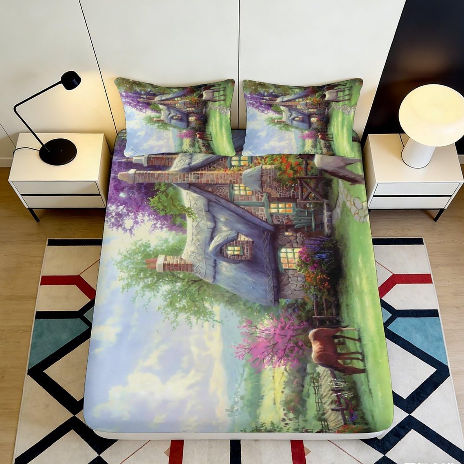 3D Printed Cottage Fitted Sheet Microfiber Deep Pocket Non-Slip Pastoral Mattress Fitted Cover Full Wrap Bedding 140x200x25cm