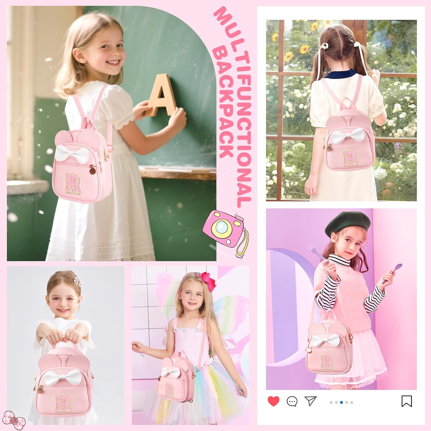 Personalized Toddler Backpack for Girls 3–10, Cute Mini Bowknot Mouse-Ear Toddler Bookbag Crossbody Purse, Small Daypack Wallet Set, Initial Birthday Gift, Trendy Little Kids/Teen Bag(Pink,R) - Image 6