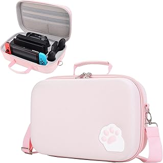 Pink Cute Cat Paw Case Compatible with Nintendo Switch/OLED Model Portable Compact Hard Shell Travel Carrying Case fit Switch Console & Full Set Game Accessories with Mesh Pocket and 18 Card Slots.