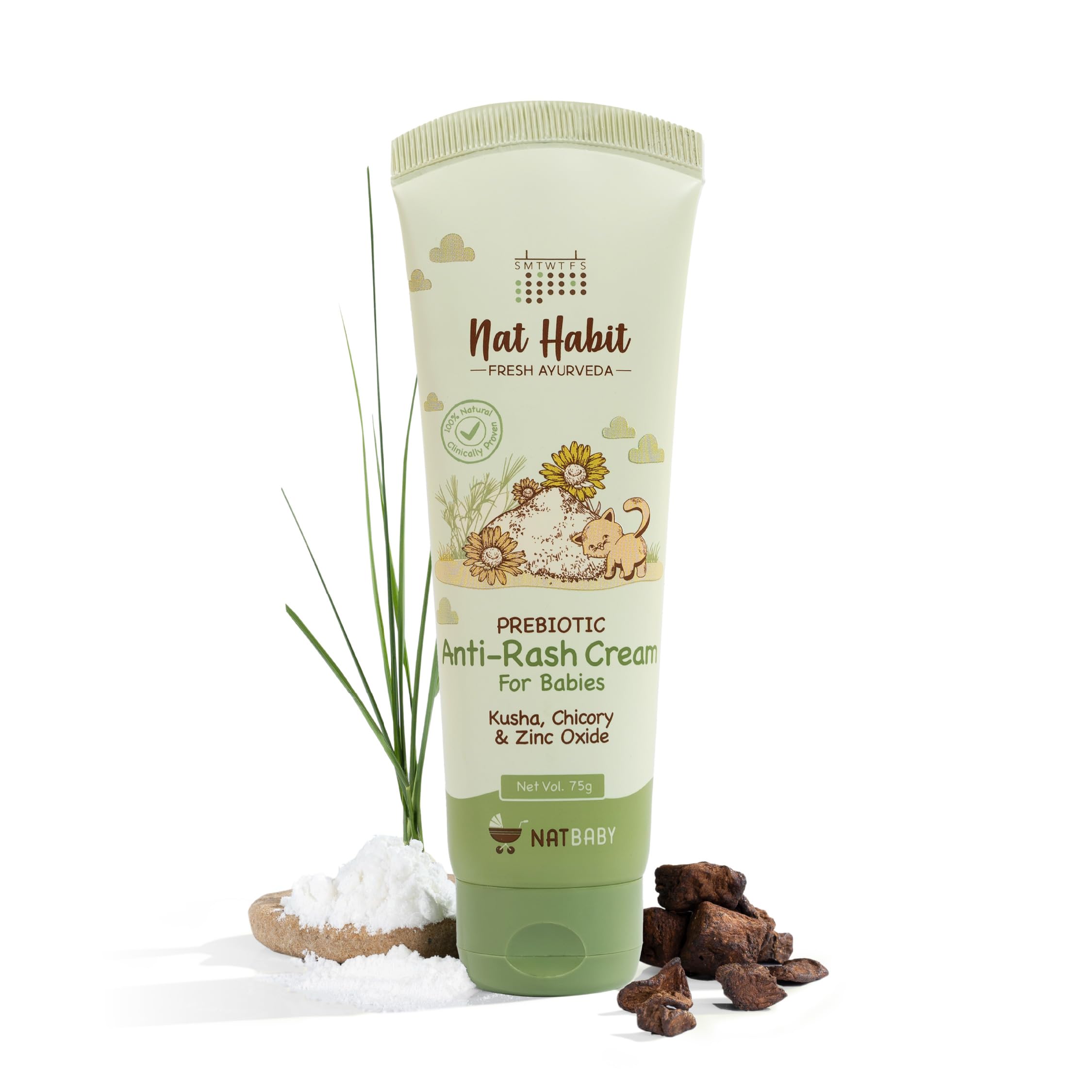 Nat Habit Prebiotic Anti-Rash Baby Cream with Kusha & Coconut Oil | Soothes, Heals & Strengthens Skin Barrier | 100% Natural, Chemical-Free & Safe for Newborns & Infants - 75gm