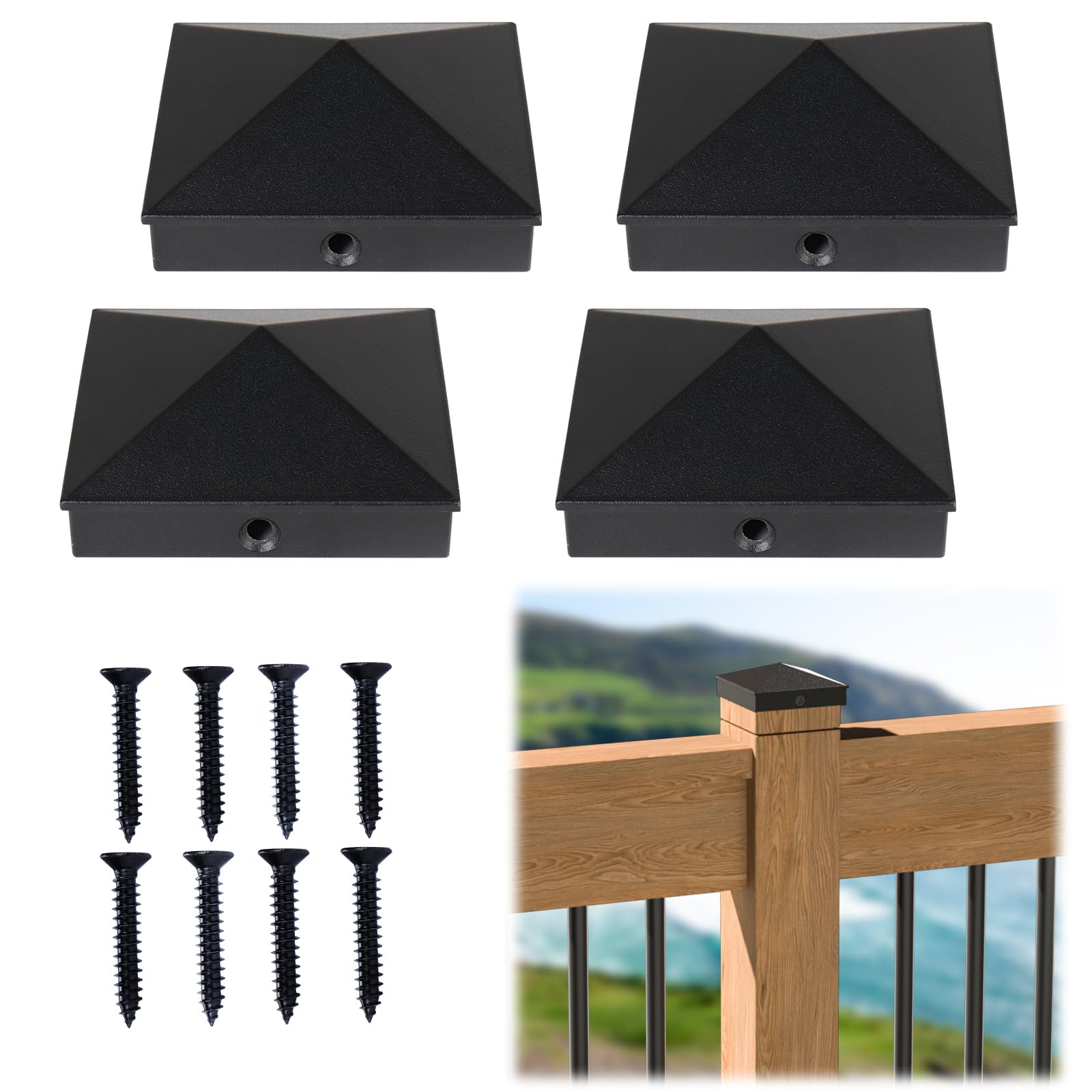 4Pack 4x4 Post Caps Post Cover Aluminum Pyramid Black Post Topper for 4x4 Nominal Wood Post (Actual 3.5"x 3.5") Wood Post Fence Post Deck Post Powder-Coated Post Cap WT06