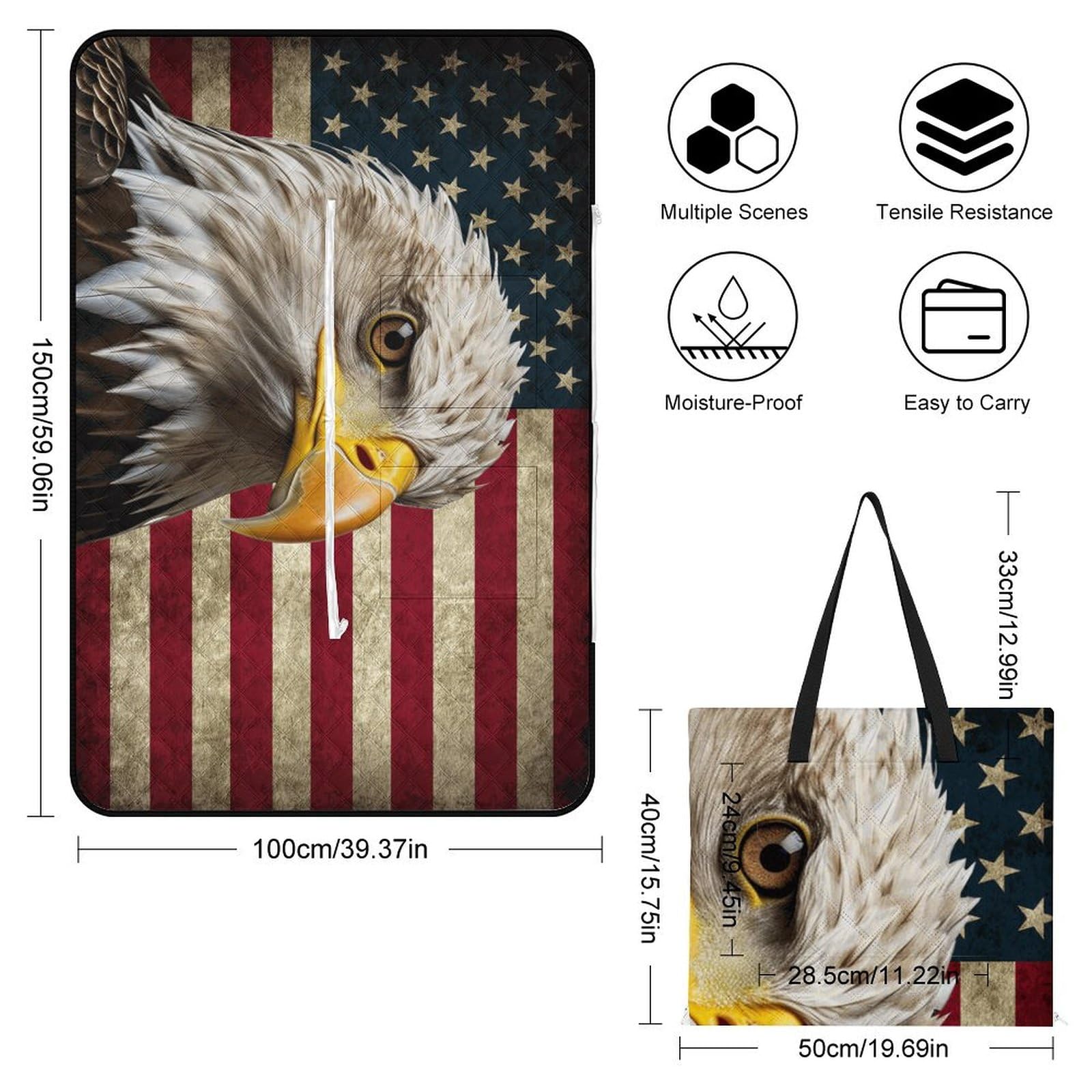 Eagle America Flag Picnic Blankets,Portable Waterproof Foldable Picnic Mat,Sandproof Outdoor Mat for Park Picnic Blanket Accessories for Adults