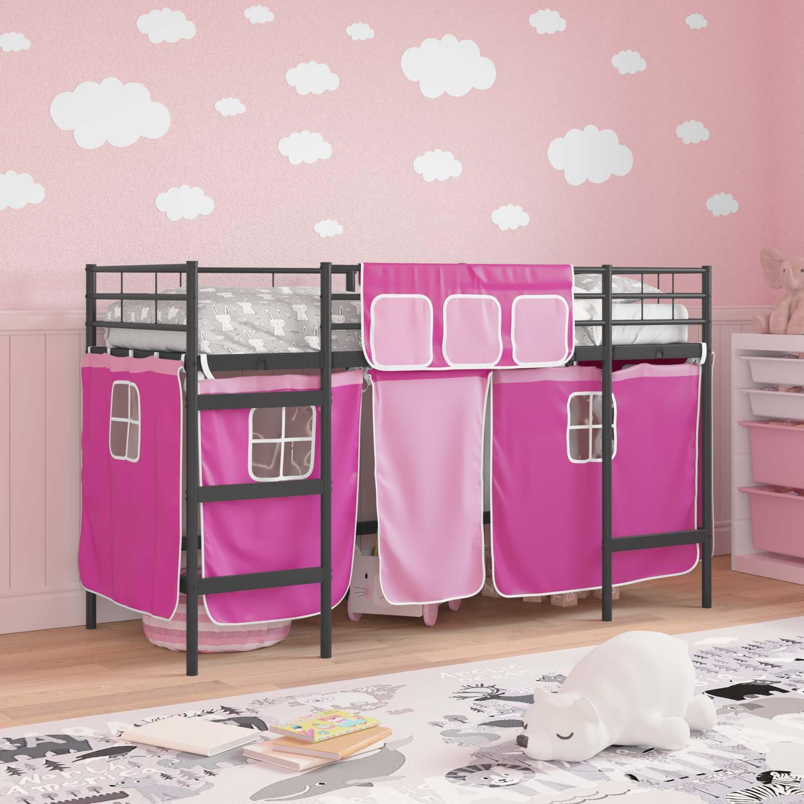 Letto a castello per bambini con tende, nero e rosa, 100 x 190 cm | Struttura in metallo robusta, testiera montata a parete, tende in rete, finitura a polvere durevole