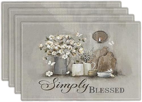 Simply Blessed - Juego de 4 manteles individuales de doble cara para comedor, hogar, fiesta, decoración interior, 4 unidades, 12 x 18 pulgadas