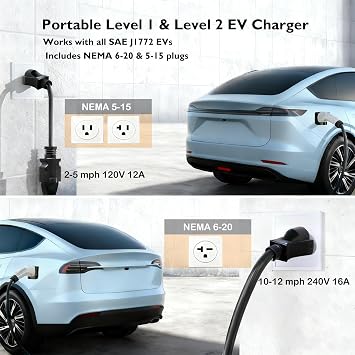Level 1 and Level 2 Portable EV Charger, J1772 16 Amp 25 ft Cable Charging Cable - Dual Voltage 120V 240V Home EV Charging Station, Adjustable 8 to 16A for BEVs/PHEVs, NEMA 6-20 & NEMA 5-15 Plug