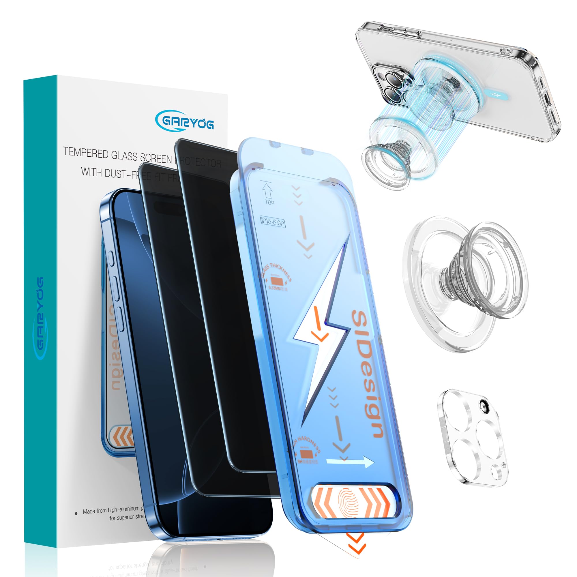 GARYOG Lot de 2 protecteurs d'écran de confidentialité pour iPhone 15 Pro, verre trempé de dureté 9H, anti-rayures, anti-traces de doigts, anti-éclats, installation facile avec cadre d'alignement.