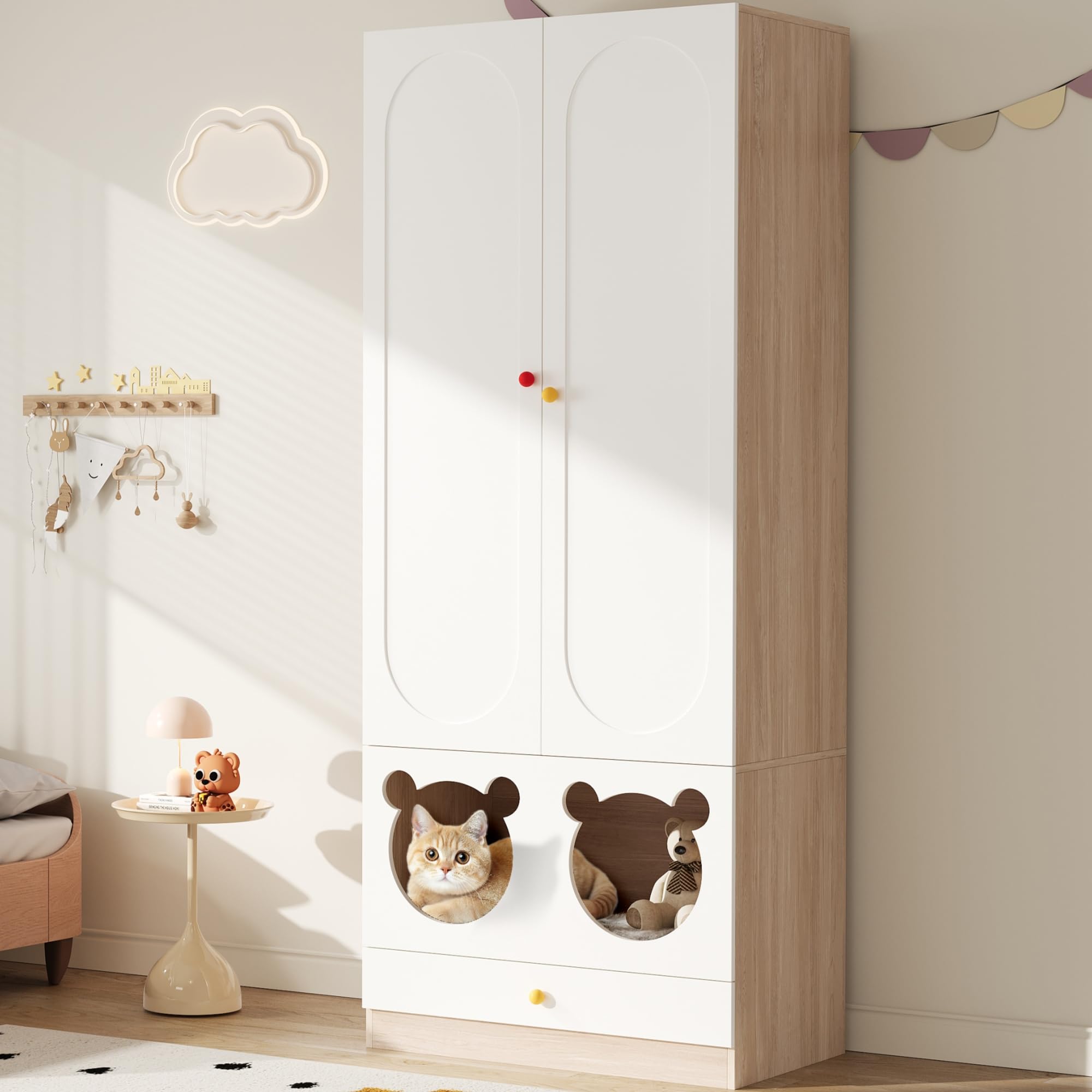 Kleiner Kleiderschrank mit Katzenbett & Kleiderstange – Kindergarderobe mit bunten Keramikgriffen, 80x50x200 cm – perfekt für Schlafzimmer, kindersichere Griffe & stabile Konstruktion