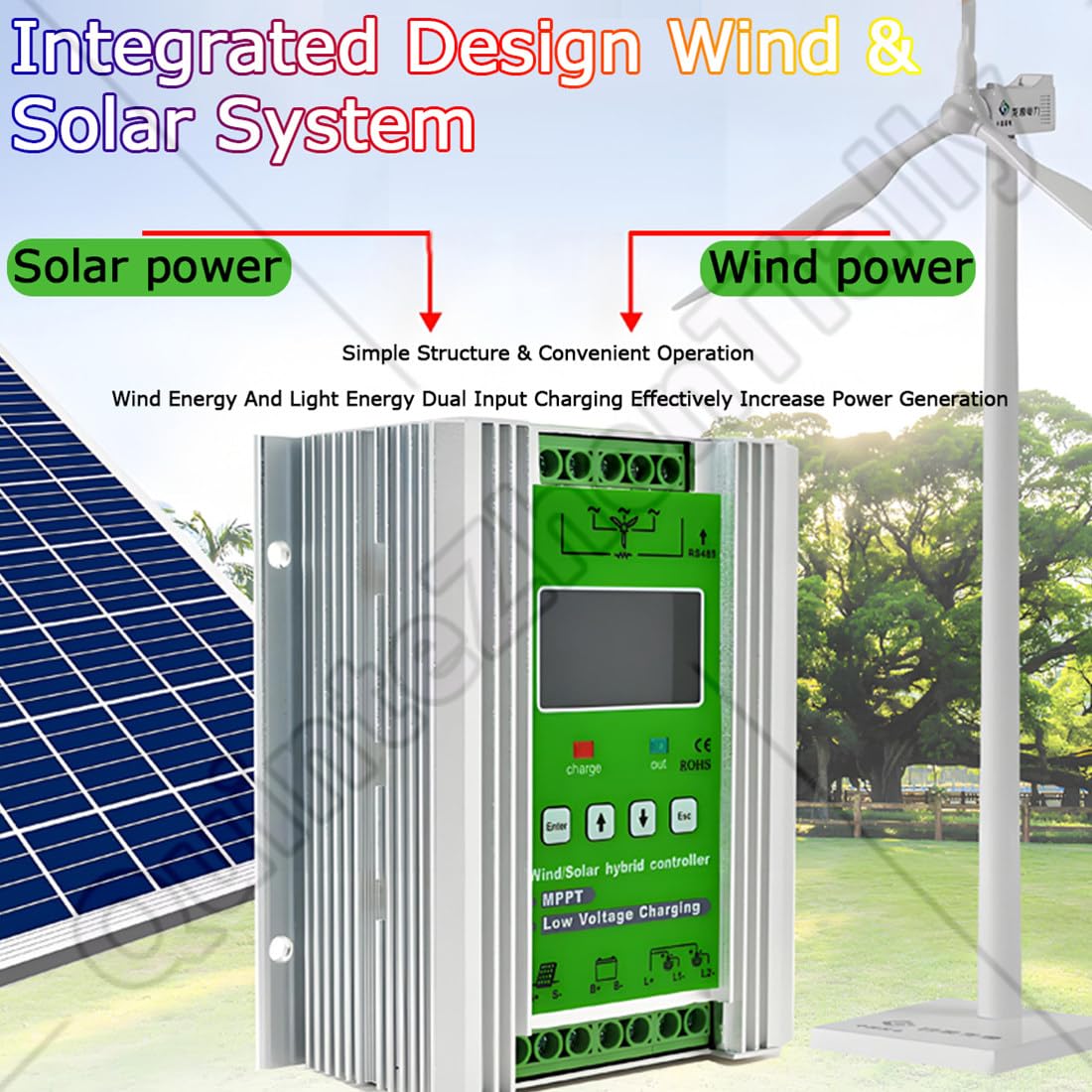 off Grid Mppt Wind Solar Hybrid Controller,Regolatore Carica Ibrido Solare Eolico App WiFi Mobile,umidità 10%~90% (Senza Condensa),Classe Protezione Ip30,per Eolico Pannelli 6000W