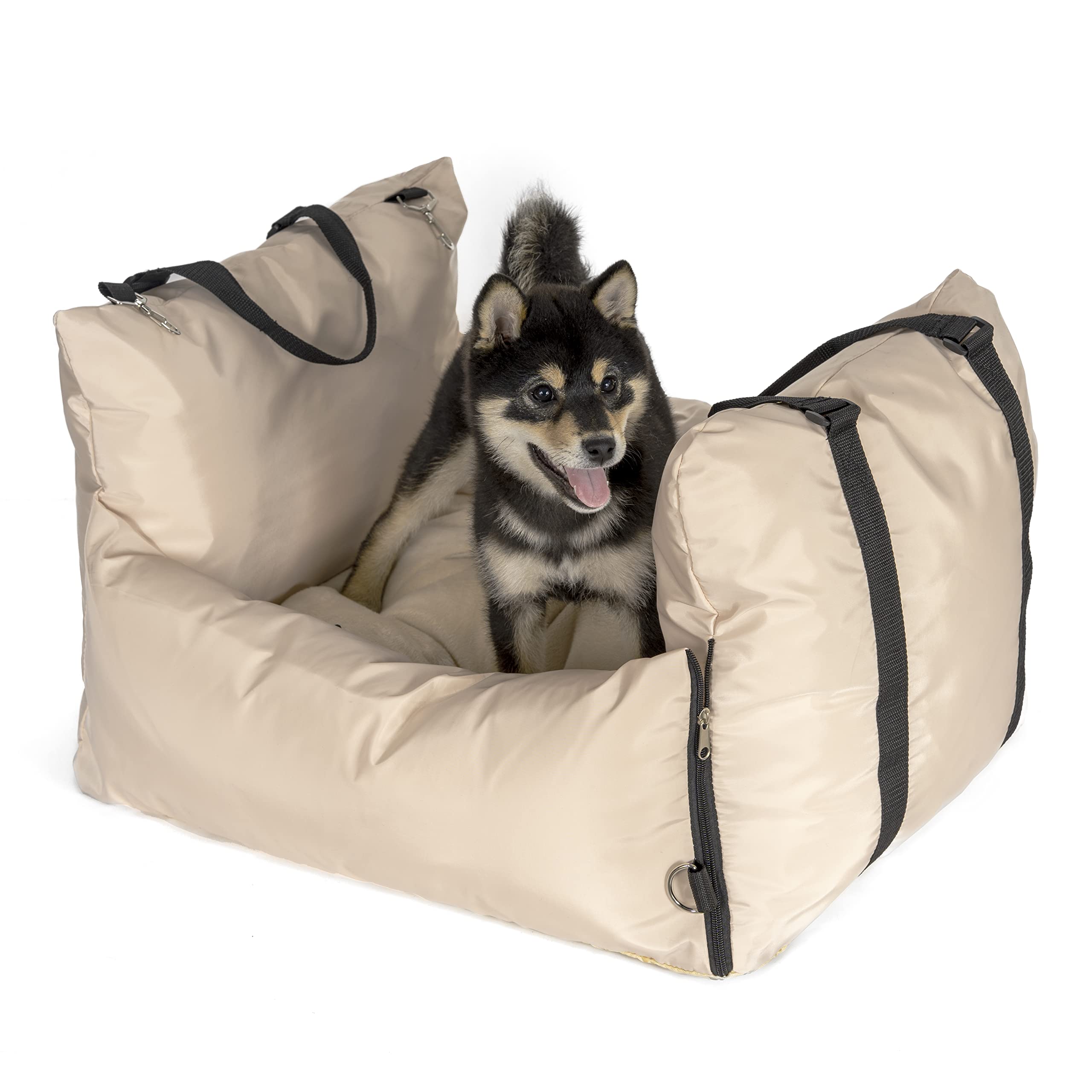 Dog Car Seat for Small Dogs, JONGEE Detachable and Washable Pet Small Dog Booster Seat with Upgrade Zipper Thick Cushion Safety Leash?Large Storage Bag (Beige)