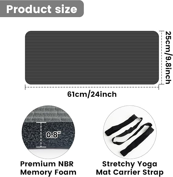 Yoga Knee Pad Cushion, 24 x 9.8 x 0.8 in Thick Mini Yoga Mat, Odor-Free NBR Workout Mat with Storage Strap, Small Exercise Mat for Yoga, Pilates, Kneeling, Planks & Home Gym