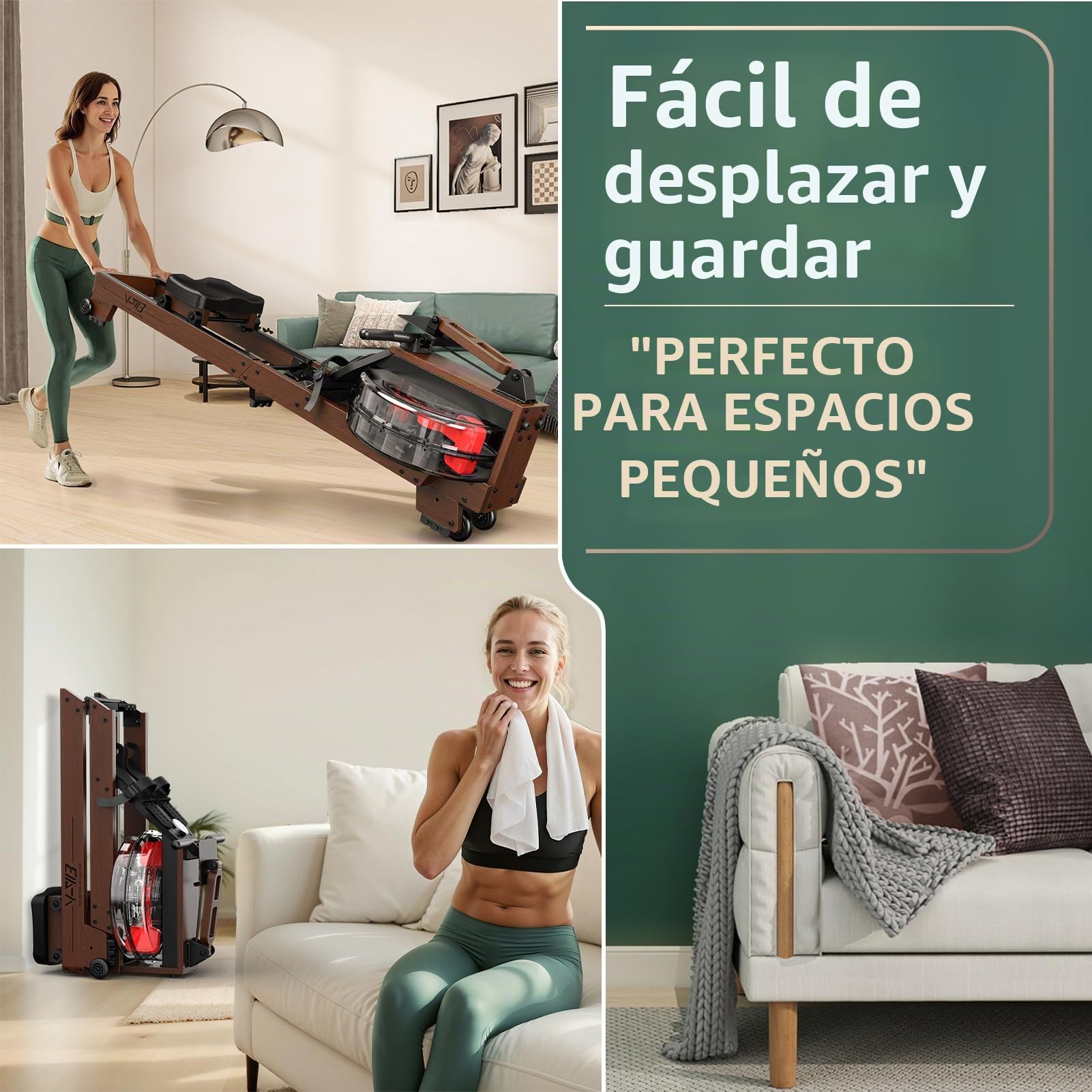 V-W3 Máquina de Remo para Casa - Madera, Remo de Agua Bluetooth, Plegable, 1,2-2m Usuario, Capacidad de Carga de 175 kg, Garantía 2 Años
