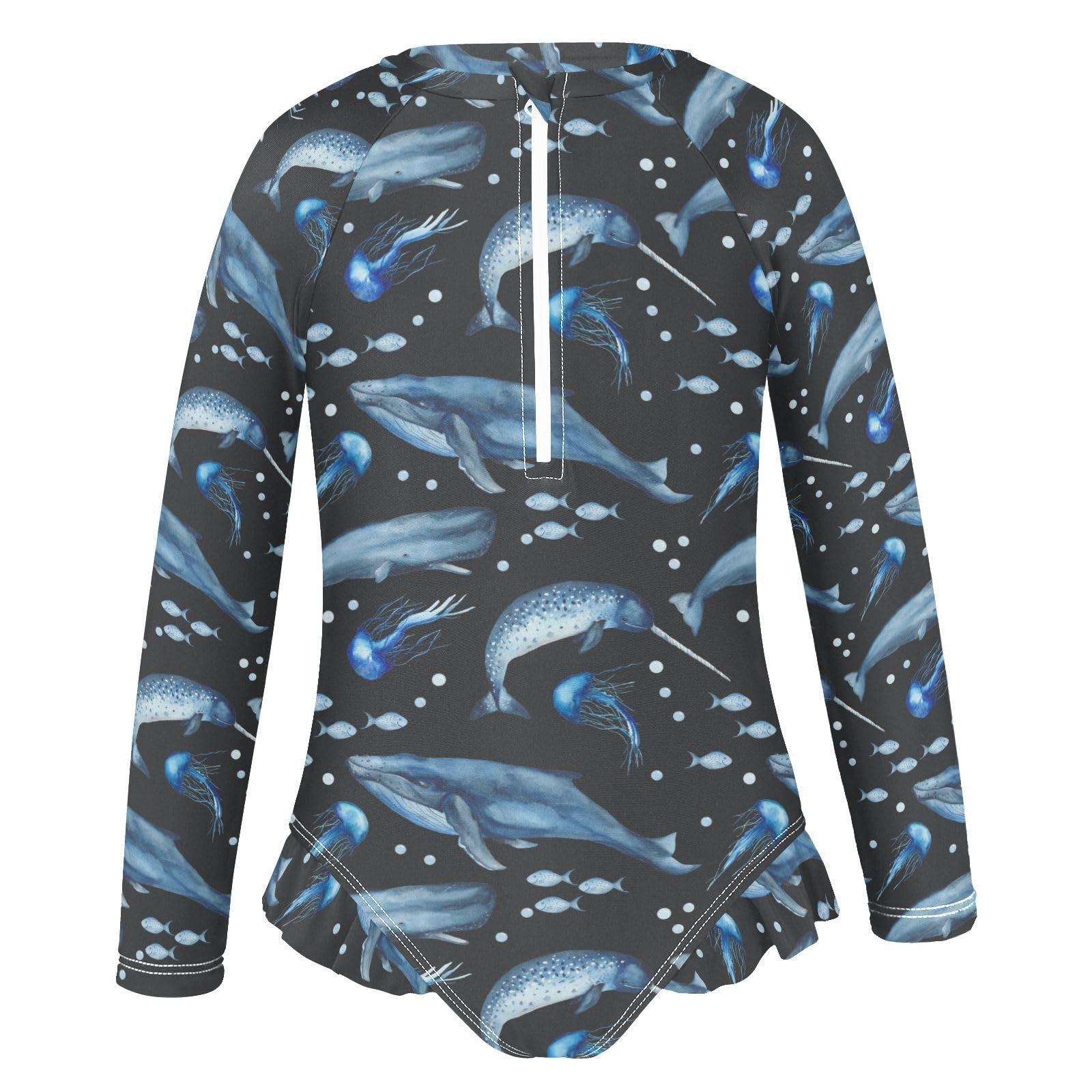 Ollabaky Baby Girls Long Sleeve Swimsuit Watercolor Whales Jellyfish Sperm Whale Narwhal One Piece Bathing Suit Rash Guard UPF50+ Toddler Girl Swimwear, 9-10T Multi