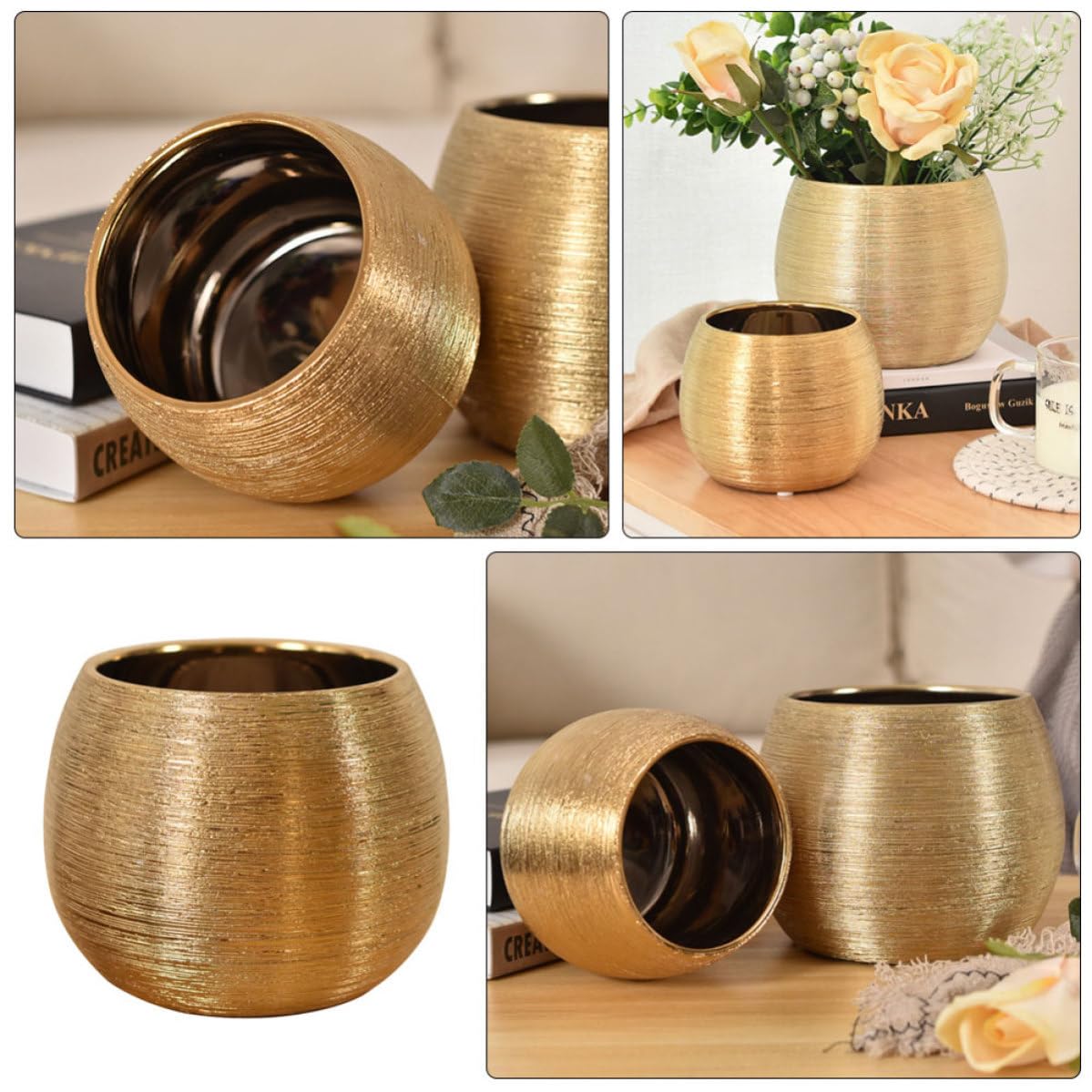 Pot de Fleurs Rond en Céramique Plaqué Or pour Plantes Succulentes, Élégant et Décoratif, pour Maison et Bureau