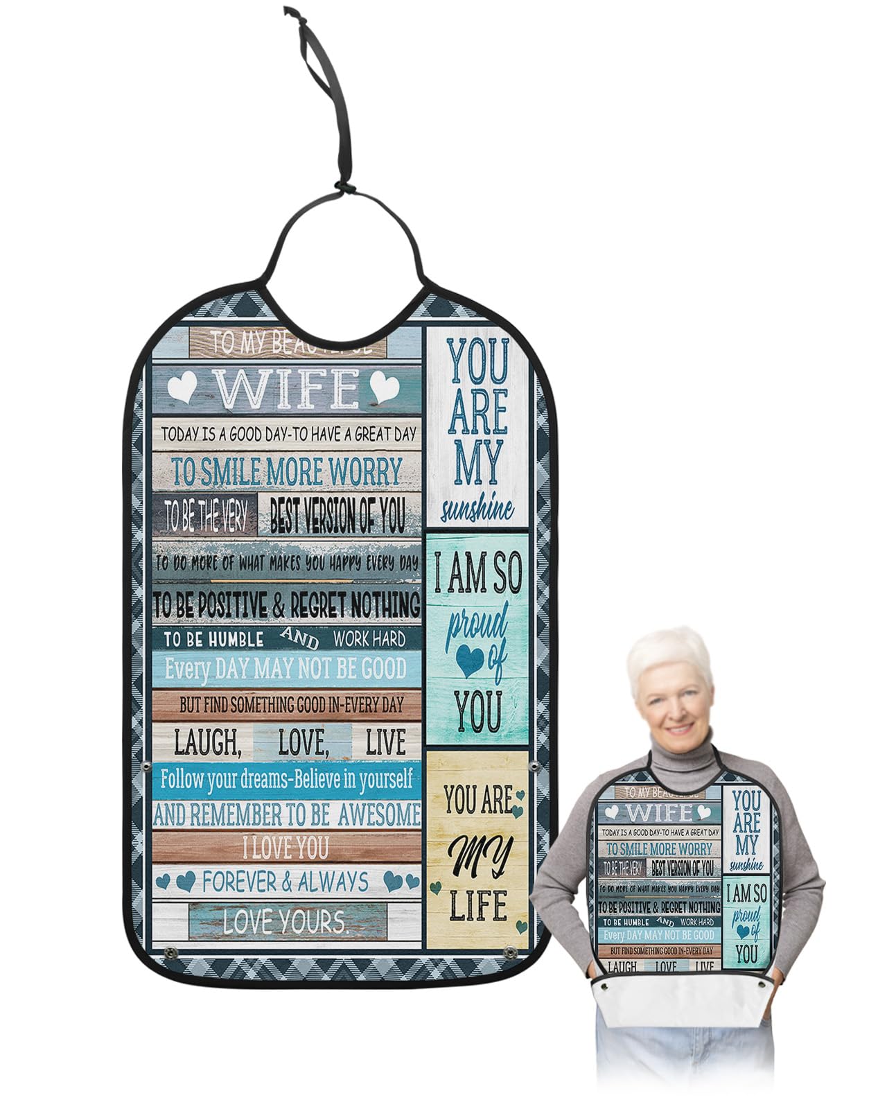 Gift for Wife Adult Bibs for Eating, Waterproof Bibs with Food Catcher & Adjustable Snap Closure, Farmhouse Wooden Words Black Plaid Washable Clothing Protectors Adult Bibs for Elderly Women/Men
