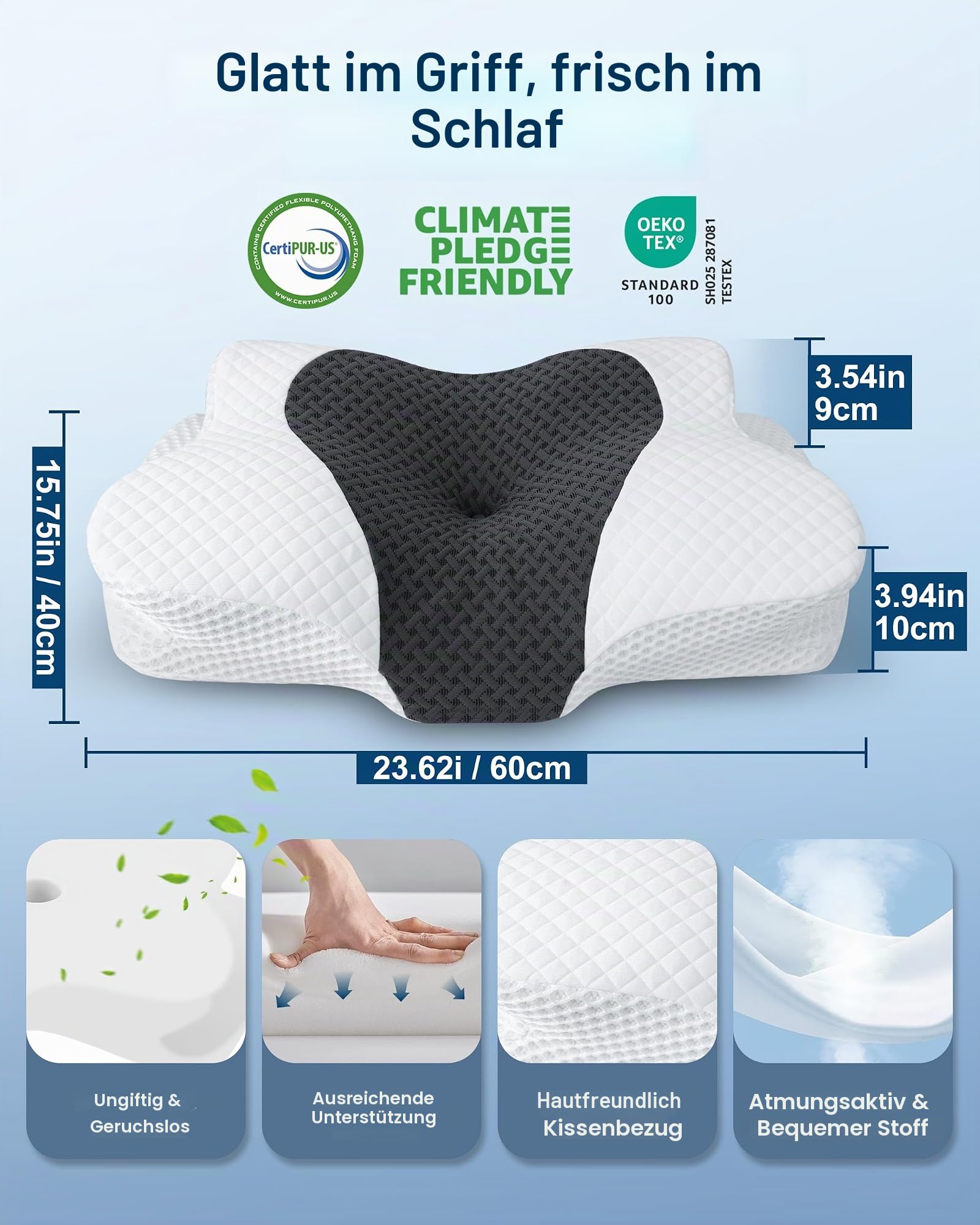HOMCA Nackenkissen Kopfkissen Memory Foam Kissen Nackenstützkissen für Seiten, Rücken & Bauchschläfer, 60x40x9/10cm