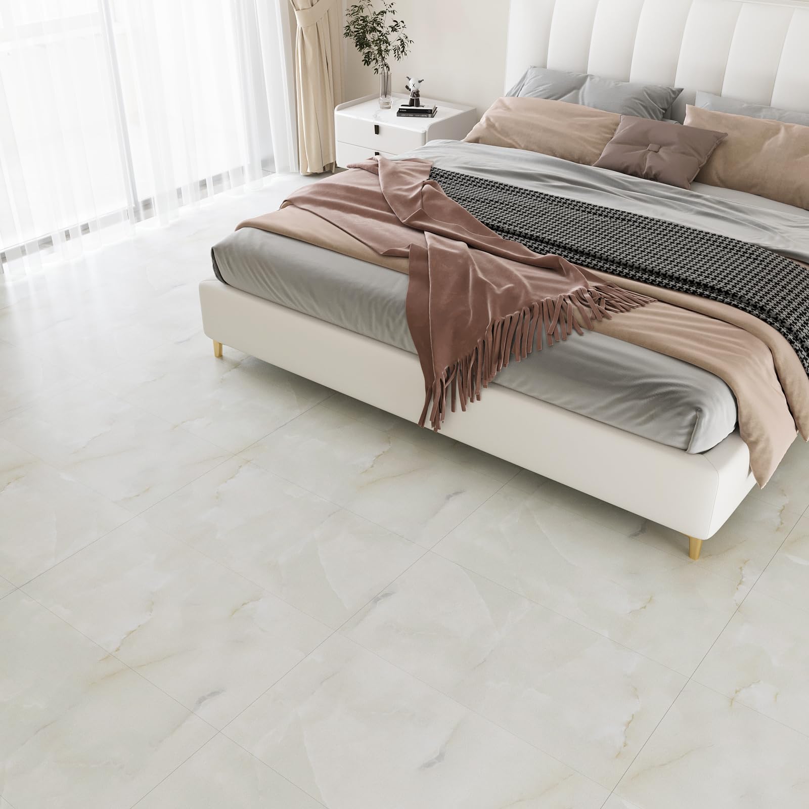 VEELIKE Suelo Vinilo Efecto Marmol Beige Vinilo Suelo Autoadhesivo Baño Impermeable Vinilos Cocina Azulejos Suelos de Vinilo Adhesivos para Suelos Comedor Vinilo Suelo Dormitorio 60cmx30cm 24 Piezas