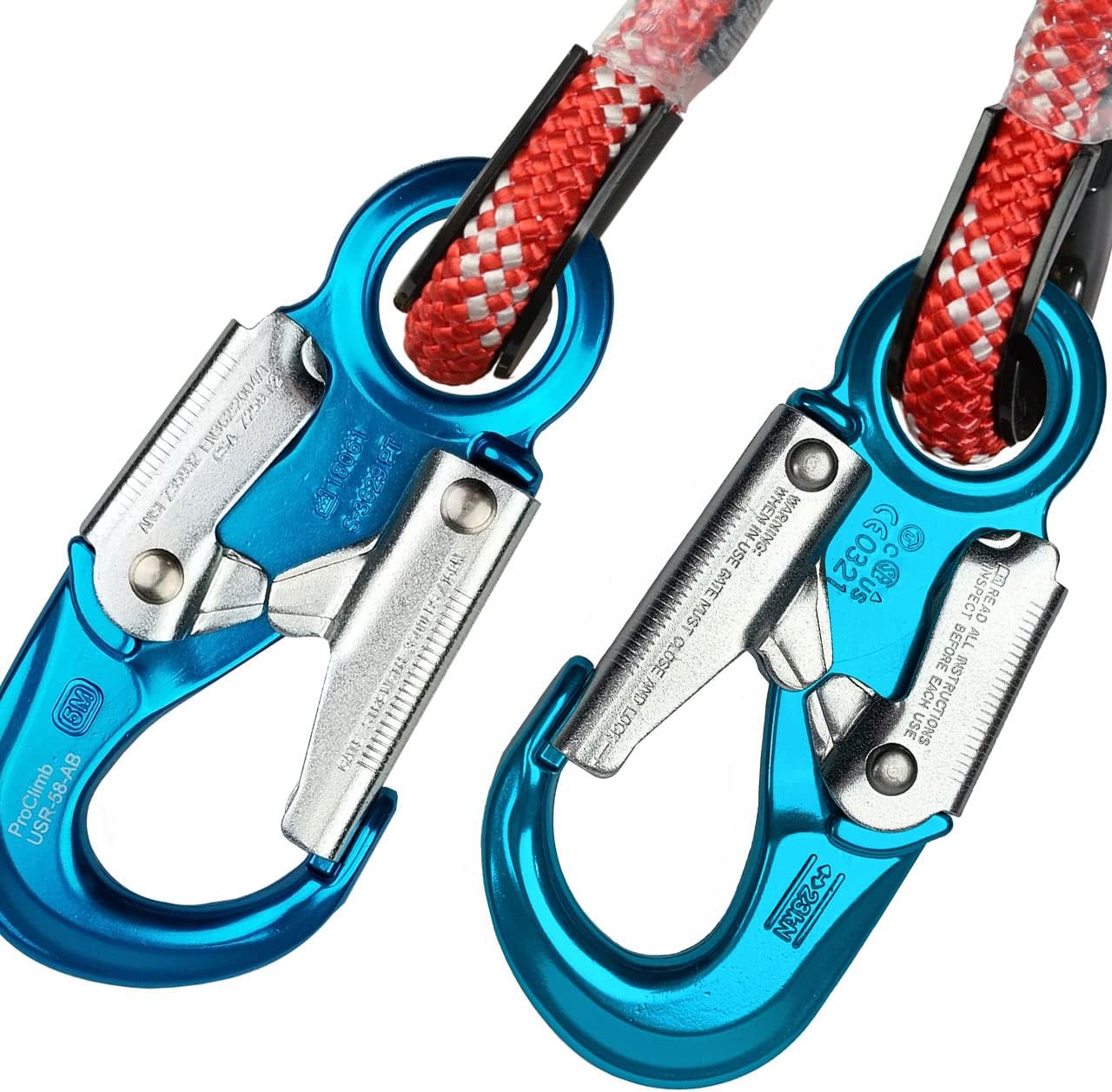 ProClimb Red 3 2 in 1 Work Positioning Lanyard, 1 2 Inch Static Rope, 15 FT, High Visibility Red with Multiple End Fittings