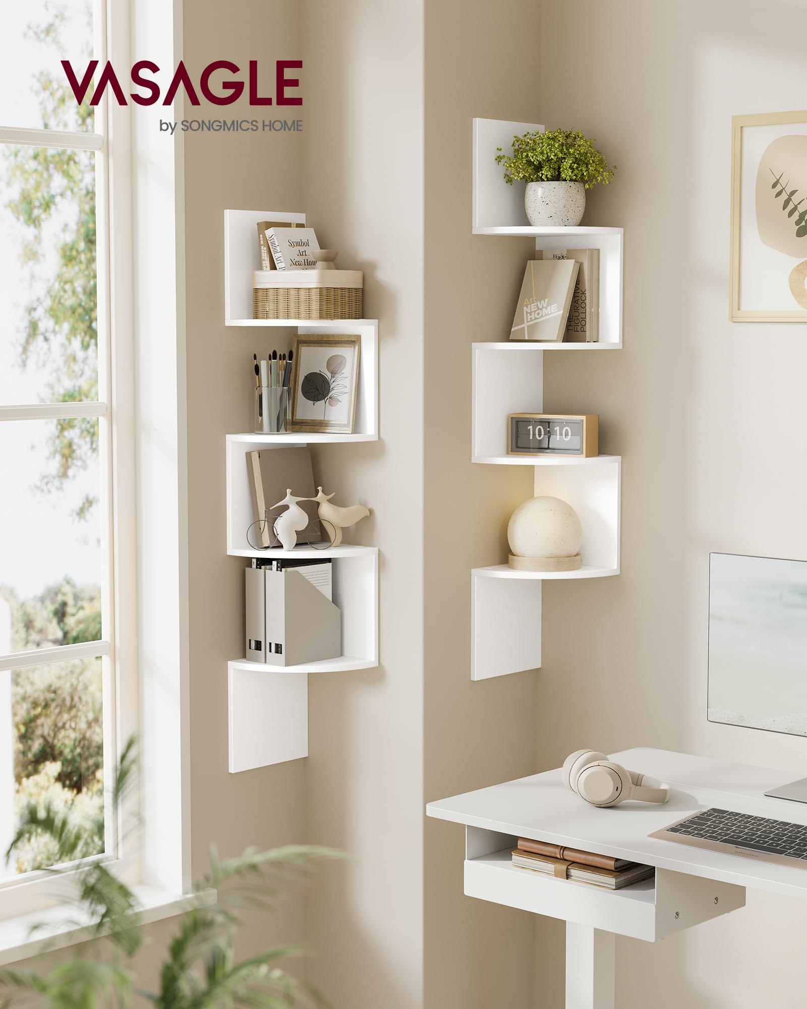 VASAGLE CUSTOS Collezione - Mensola Angolare, Set da 2, Mensola da Parete a 4 Livelli, Libreria con Design a Zigzag, Bianco Nuvola LBC704WB01