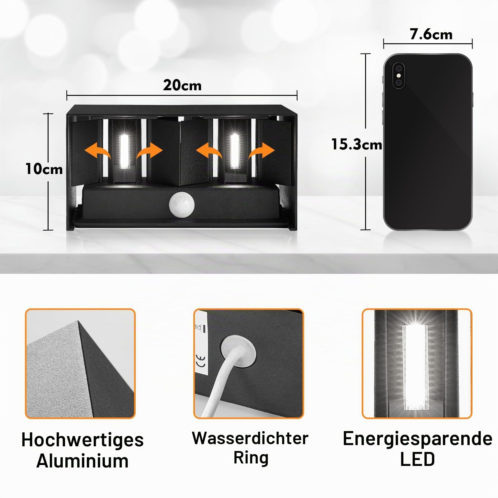 LED Außenlampe Außenleuchte mit Bewegungsmelder, Up Down Wandleuchte Wandlampe aussen Kaltweiss 6000K, IP65 Aussenlampe Aussenleuchte Wand, Außenbeleuchtung Ausenbeleutung Hauswand, Schwarz