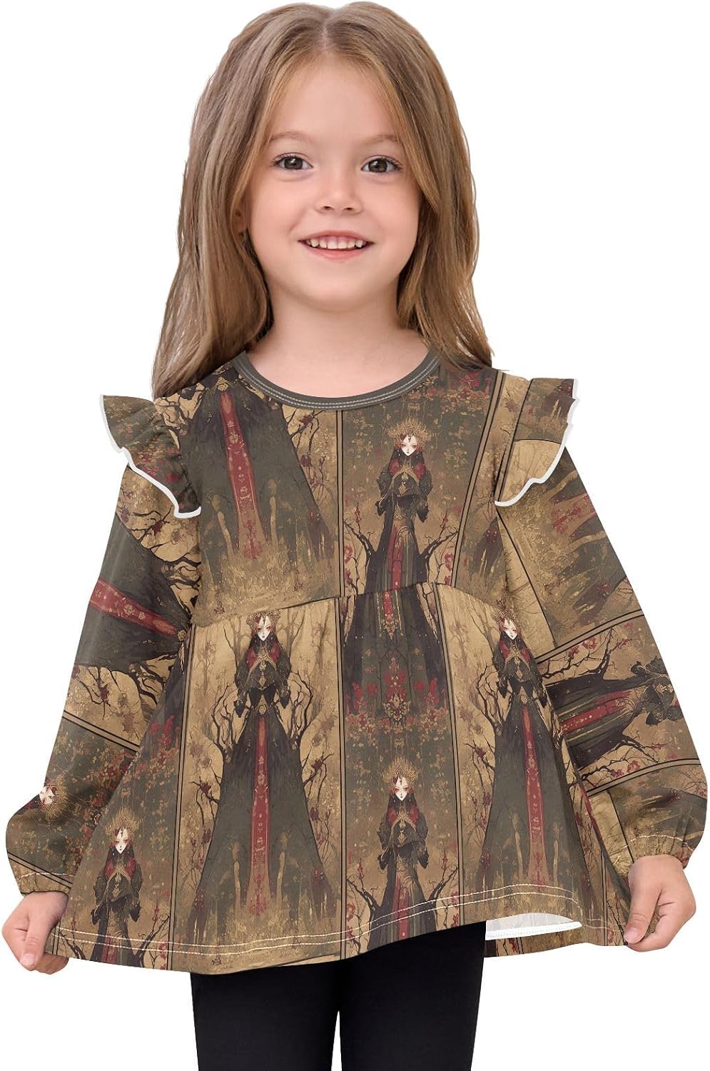visesunny Toddler Clothes for Girls Gothic Style Tree Branch Queen Long Sleeve Fall Shirts Cotton Top with Ruffle Collar