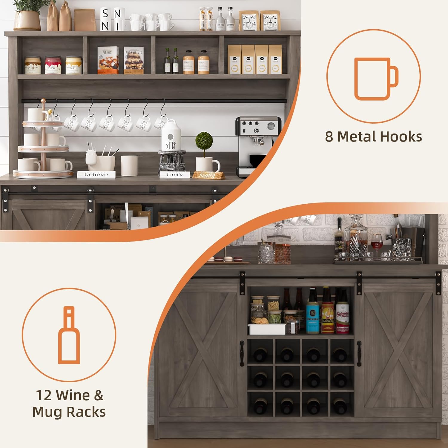 4ever2buy Farmhouse Coffee Bar Cabinet with 4 Storage Hutch, 55”Coffee Bar with Sliding Barn Doors, Hutch Cabinet with 12 Wine Racks & 8 Hooks for Dining Room, Kitchen, Wash Grey