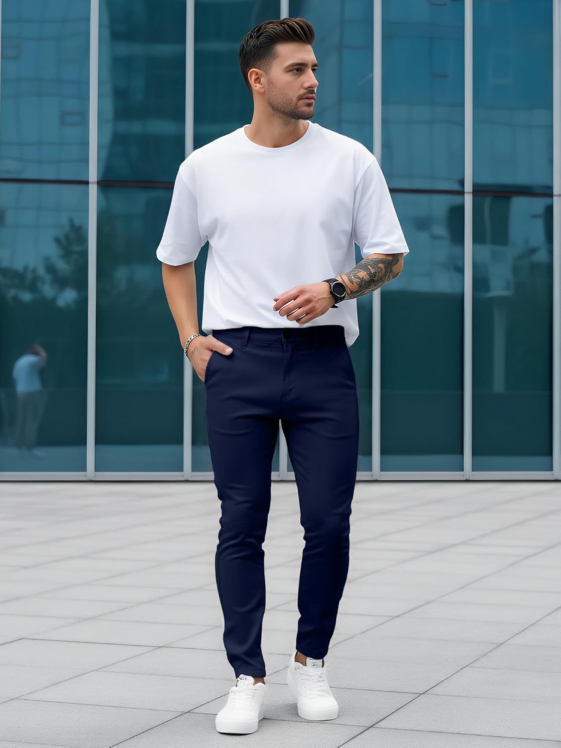 Woenzaia Men's Slim Fit Dress Pants Casual Stretchy Twill Chinos Tapered Skinny Slacks - Image 5