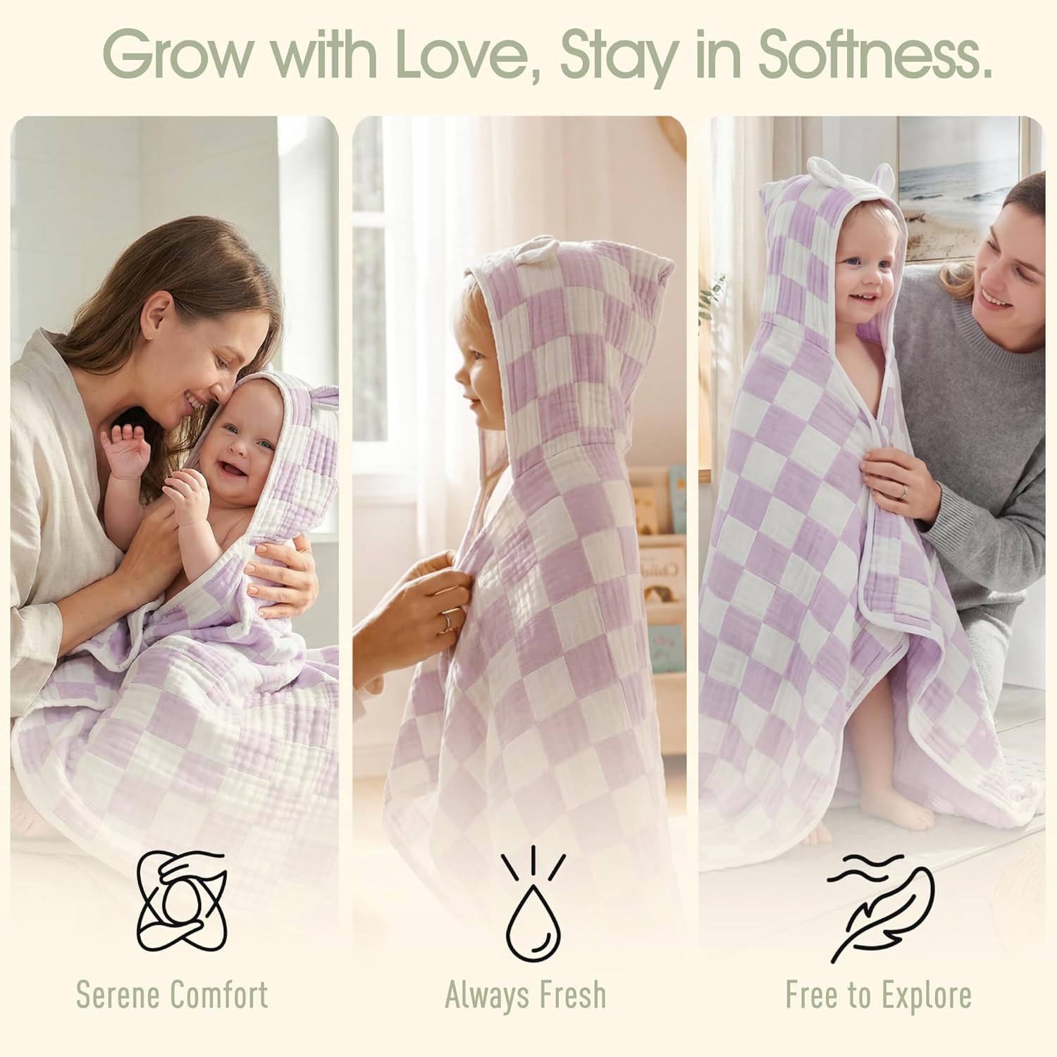 Ultra-Soft Muslin Toddler Hooded Towel - 55 x 28 Inches, Ideal for Bath & Beach, Suitable for Both Boys & Girls from Newborns to Toddlers（Lavender Check）