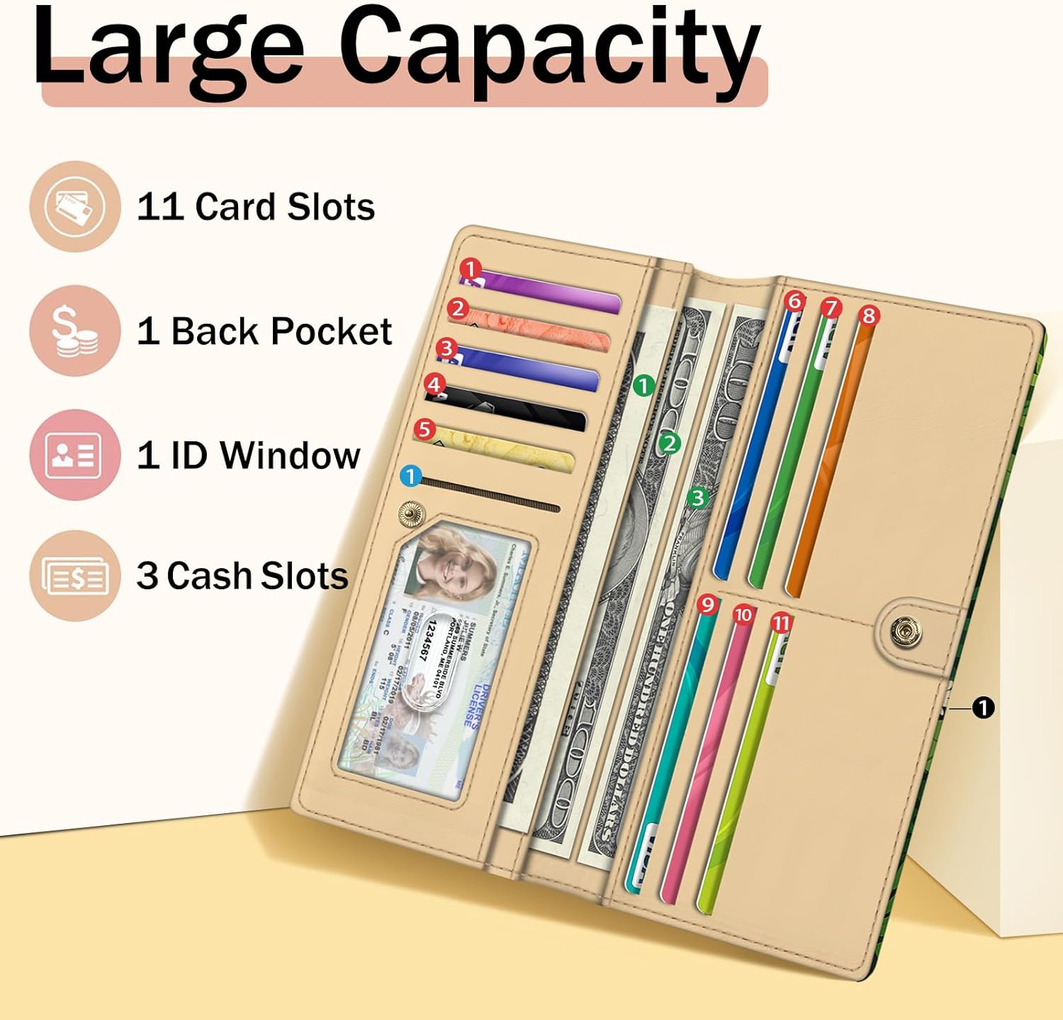 Immaturus Womens Wallet, Black Cat Leaf Slim Thin RFID Blocking Credit Card Wallets, Long Bifold PU Leather Card Holder Organizer, Cute Cash Clutch Billfold with Zipper Coin Pocket Ladies Girls Gift - Image 3