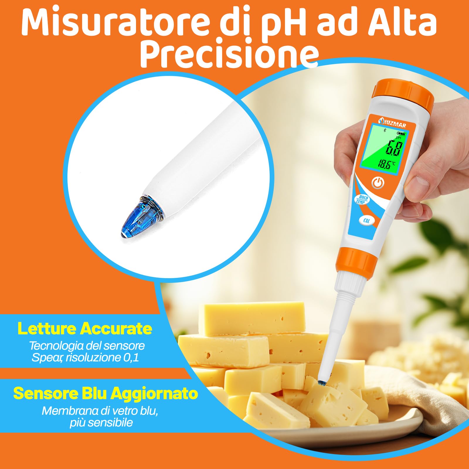 UIUZMAR pHMetro per Alimenti Intelligente, Misuratore di pH per Lievito Madre, Piaccametro per Alimenti, pH Metro per Impasti e Liquidi, Cibo, Cosmetici, Carne, Birra, Piscina, Acquario