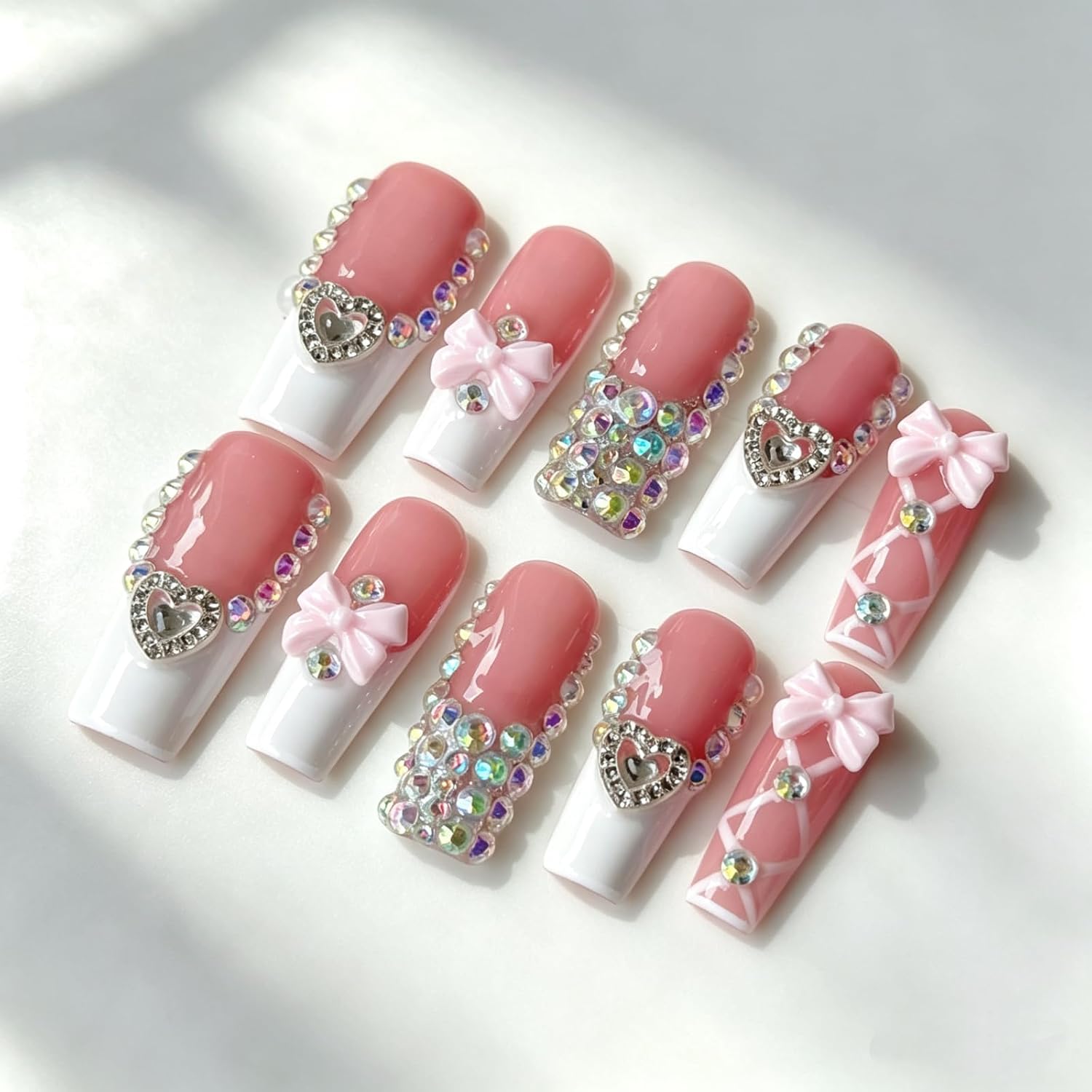 Handmade Press On Nails Long Square White French Tip 10Pcs