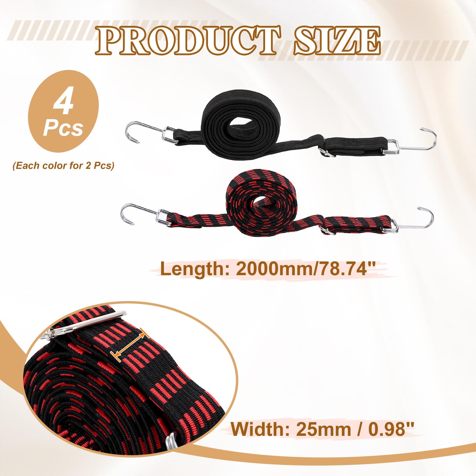 QUARKZMAN 8Pcs Corde Elastiche Regolabili con Ganci, 79 Pollici Cinghie Elastiche Piatte Resistente Corde Elastiche in Gomma con Fibbia per Esterno, Campeggio, Teli, Nero/Nero Rosso