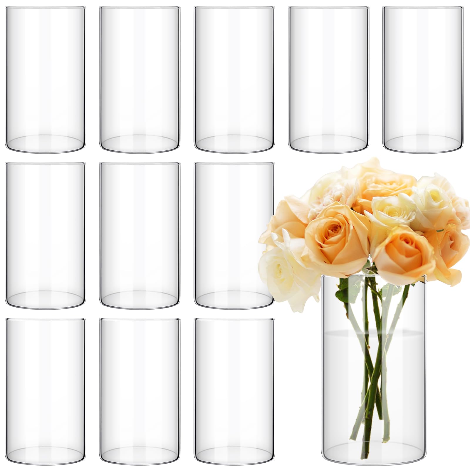 Photo 1 of 12 Pack Glass Cylinder Vases 6 Inch Tall Clear Flower Vase for Centerpieces, Hurricane Floating Candle Holder Wedding Decorations, Floral Vase Bulk for Table Shelf Party Home Deco (6 x 3.35 Inch) 12 Pack 3.35" W x 6" H