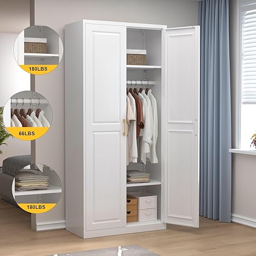 Miniatura 4 de Armario de Metal con Barra para Colgar, Armario Alto de 71 Pulgadas con 2 Puertas y Estantes Ajustables, Armarios de Almacenamiento de Ropa Blancos