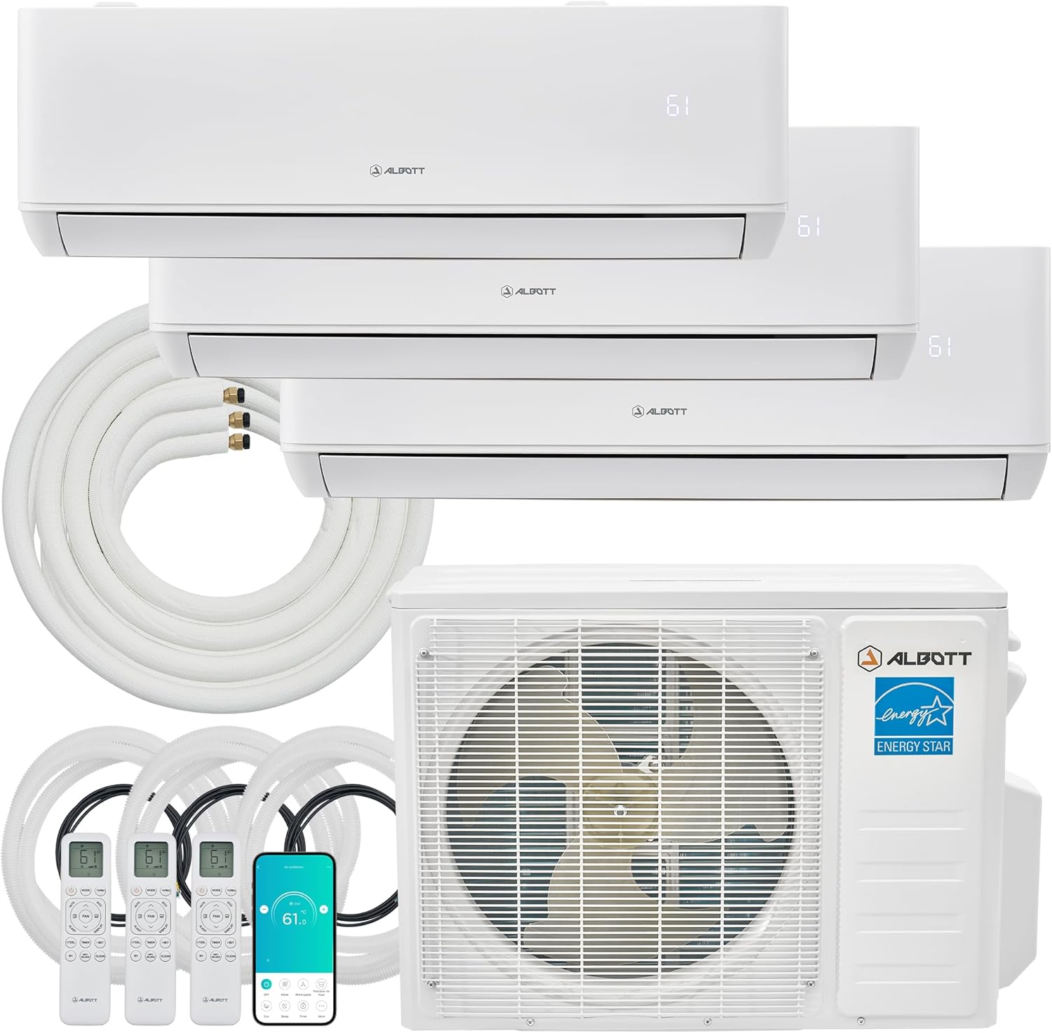 Albott Mini Split AC/Heating System, 28,000 BTU ODU, 22 SEER2 3 Zone 12K+12K+12K BTU Ductless Inverter Heat Pump, WiFi E