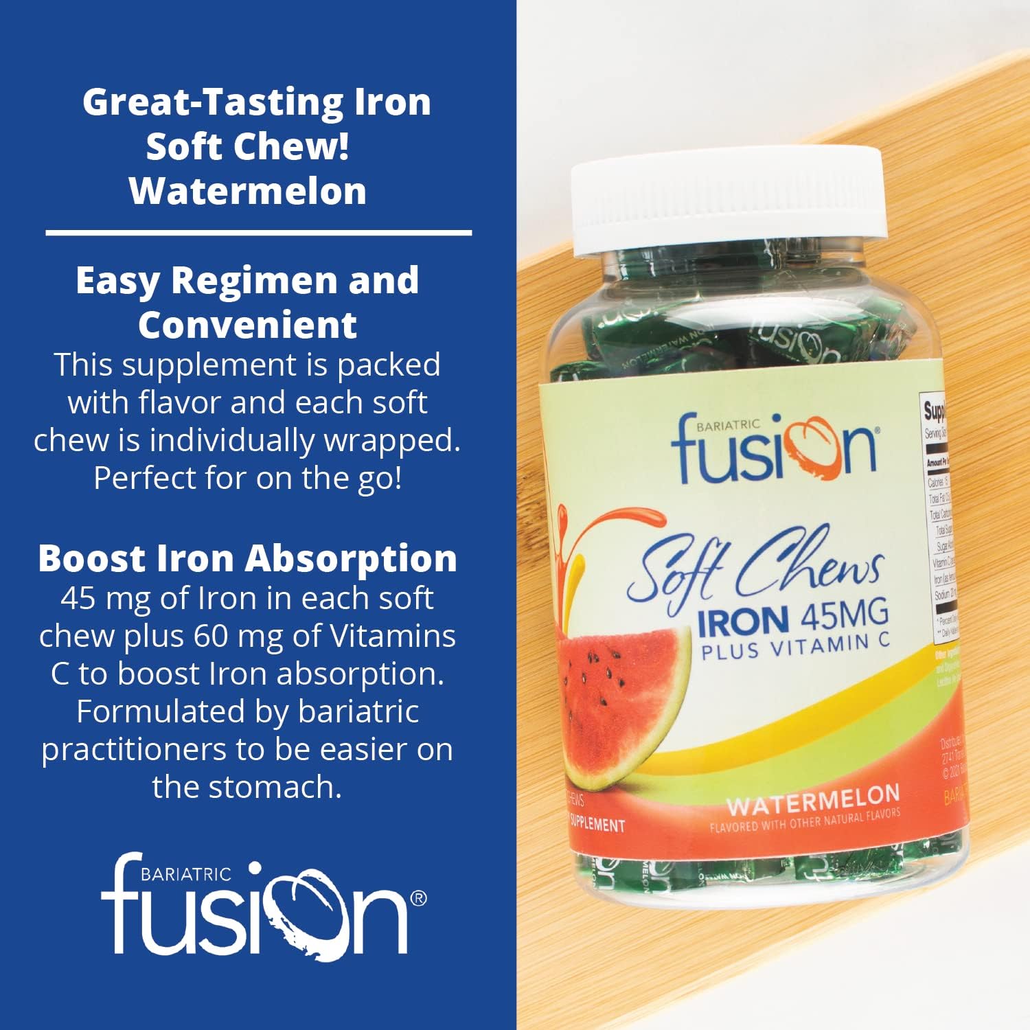 Bariatric Fusion Iron Soft Chew with Vitamin C | Watermelon Flavored | Iron Supplement Chewy Vitamin for Bariatric Patients Including Gastric Bypass and Sleeve Gastrectomy | 60 Count | 2 Month Supply